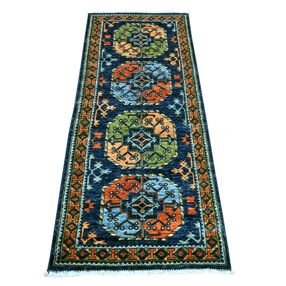 2'6"x6'3" Blue Afghan Ersari Elephant Feet Design Hand Knotted Wool Runner (1 of 6)