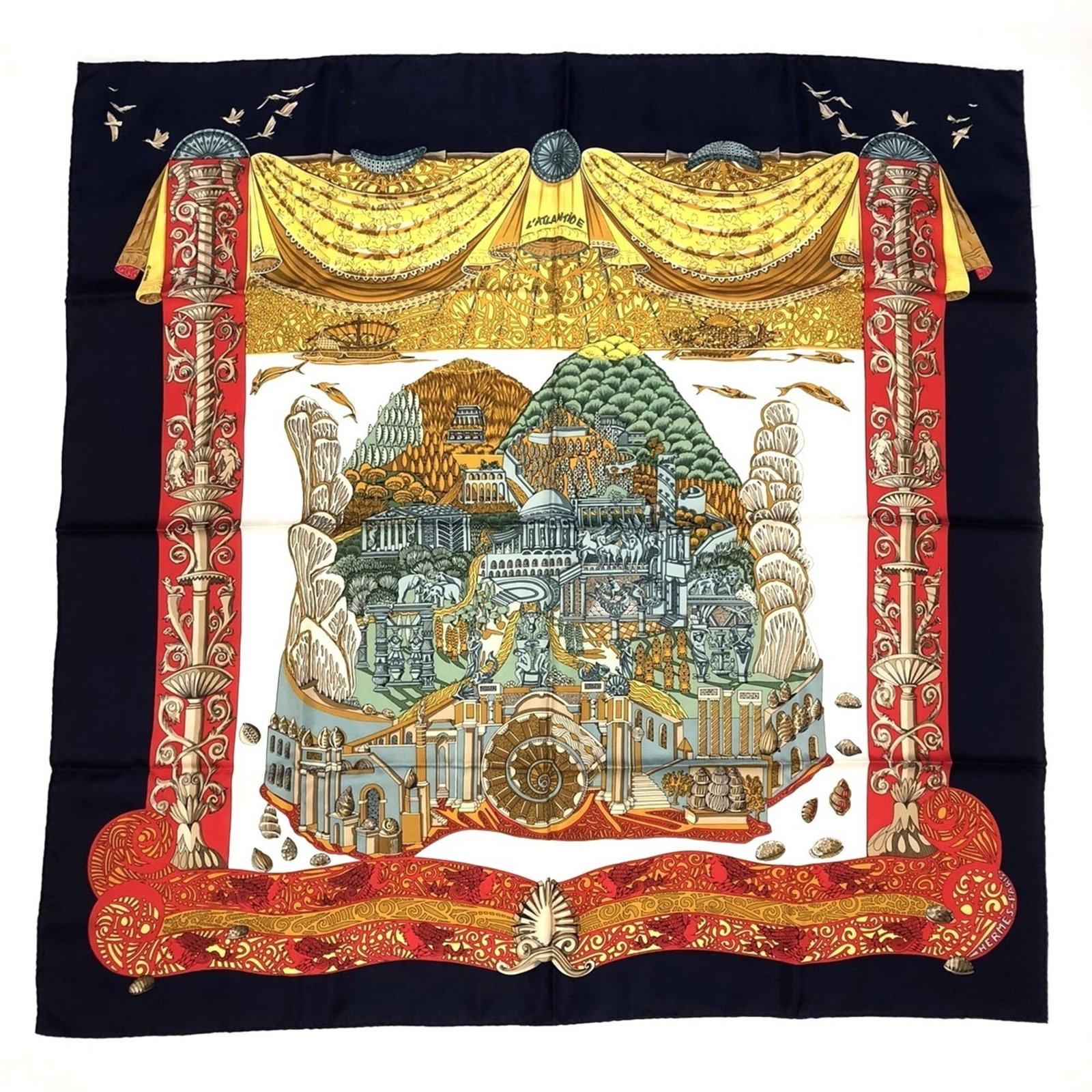 Hermes silk scarf: Hermes silk scarf A pre-owned Hermes silk scarf in navy, boasting the iconic French brand's signature craftsmanship and luxurious feel. With its 89cm x 90cm dimensions and classic design, this scarf