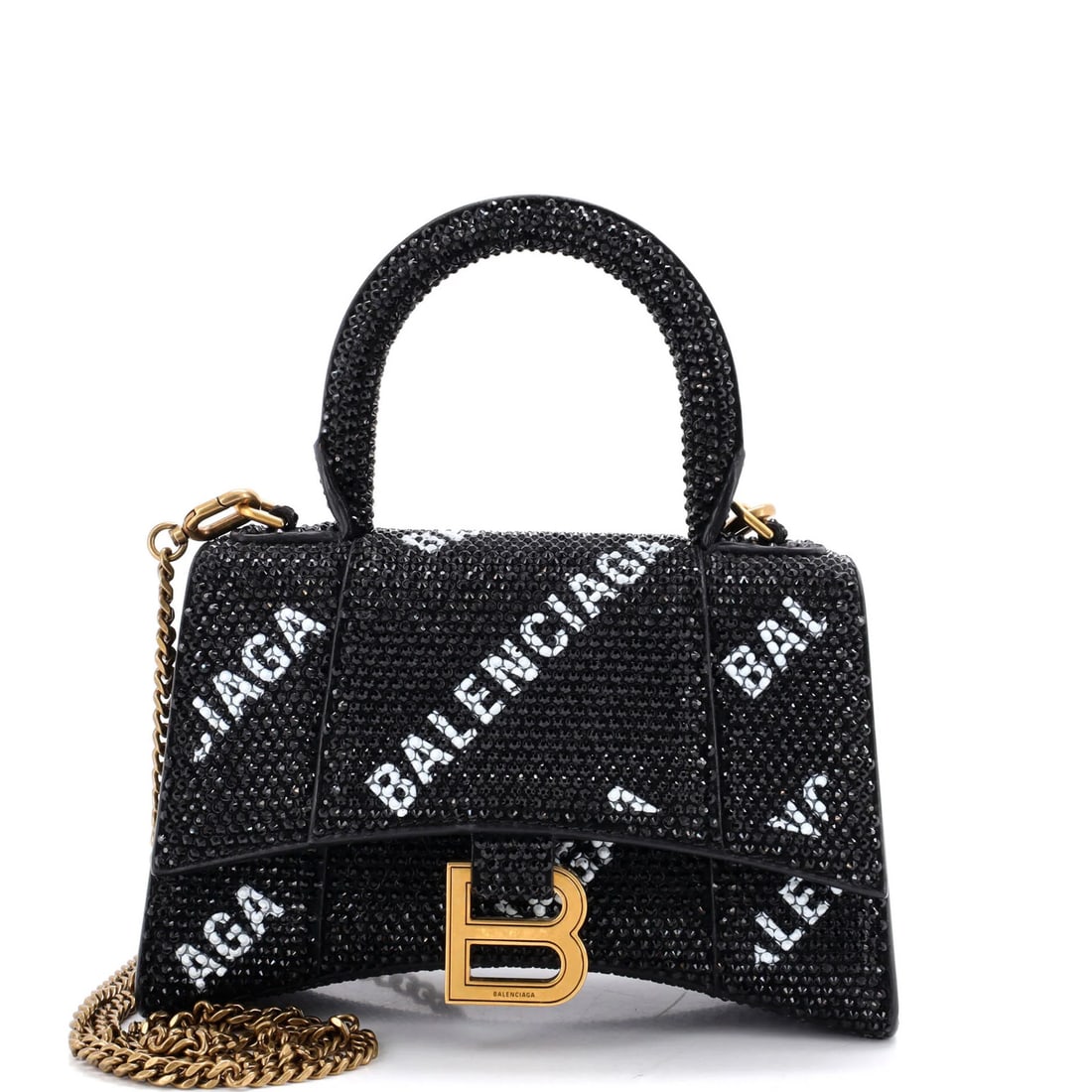 Balenciaga Hourglass Top Handle Bag in Suede with Allover Logo Crystals: Balenciaga Hourglass Top Handle Bag in Suede with Allover Logo Crystals Elevate your style with the iconic Balenciaga Hourglass Top Handle Bag, boasting sleek crystal suede exterior and intricate