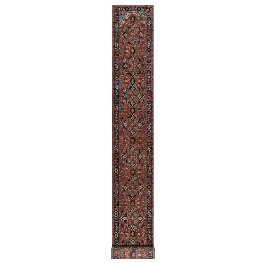 2'7"x26'1" Red Fine Heris Re-Creation Wool Hand Knotted XL Runner Rug: 2'7"x26'1" Red Fine Heris Re-Creation Wool Hand Knotted XL Runner Rug Experience the rich beauty of India's ancient heris tradition with this stunning, hand-knotted wool runner rug. Measuring 26'1"