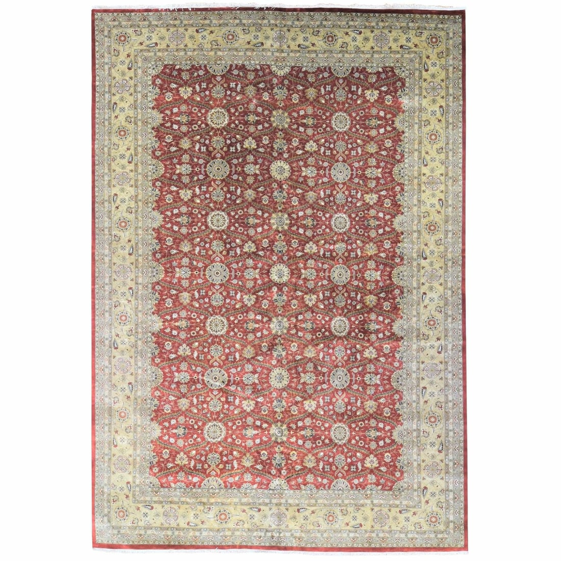 Hereke Design Red Oversized Wool Silk Handknotted Rug 300KPSI 12'3"x17'9: Hereke Design Red Oversized Wool Silk Handknotted Rug 300KPSI 12'3"x17'9 Experience the rich beauty of Indian craftsmanship with this stunning, hand-knotted red silk rug from India. Measuring 12'3" x
