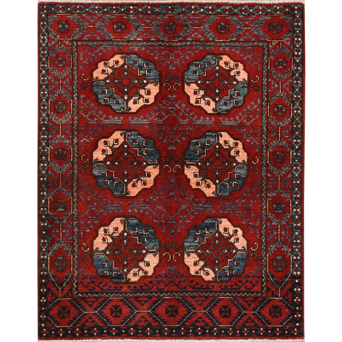 3'5"x4'4" Red Afghan Ersari Elephant Feet Design Wool Hand Knotted Rug (1 of 7)