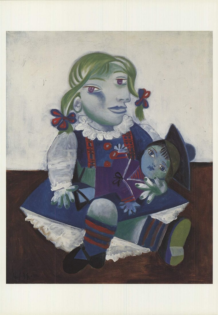 PABLO PICASSO Maya with Doll 17" x 12" Offset Lithograph 1993 cubism: PABLO PICASSO Maya with Doll 17" x 12" Offset Lithograph 1993 cubism Experience the vibrant Cubist style of Pablo Picasso with this stunning 1993 offset lithograph, "Maya with Doll". Measuring 17 x 12