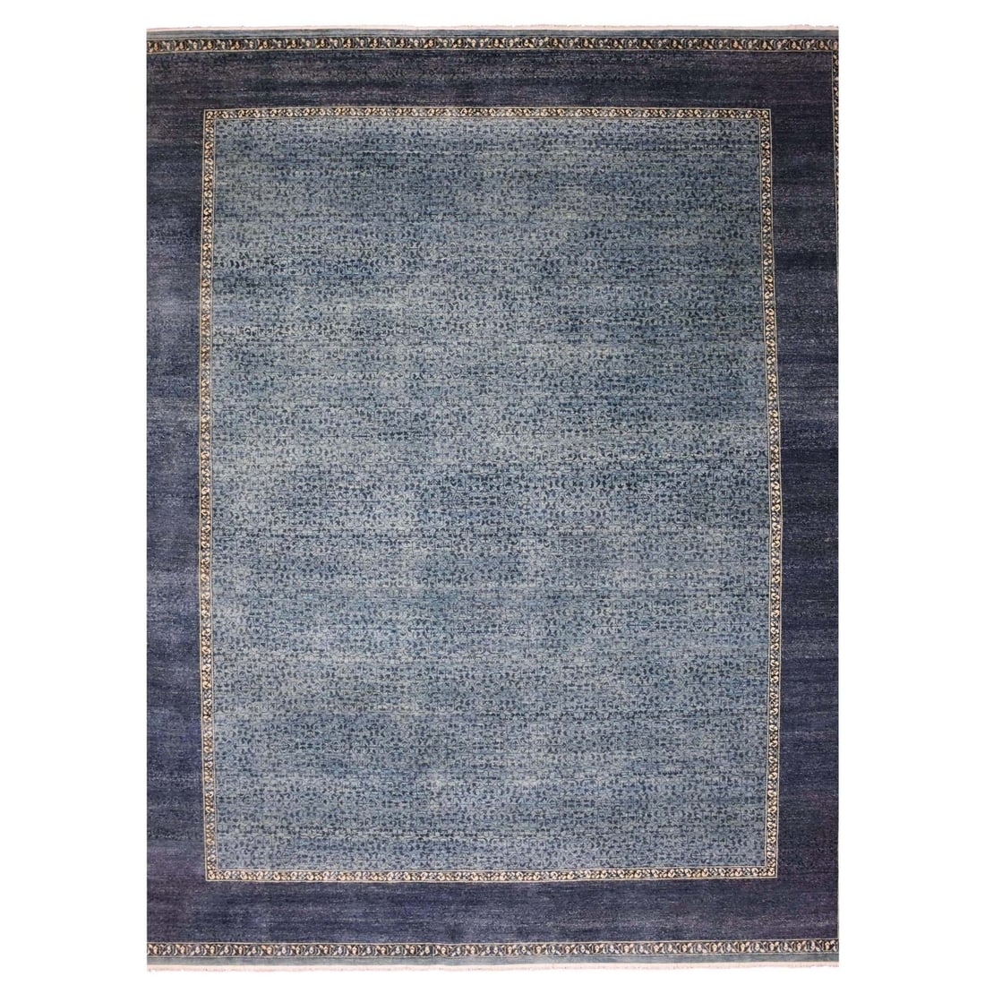 12'x15'4" Blue Hand Knotted Modern Design Pure Wool Oversized Rug: 12'x15'4" Blue Hand Knotted Modern Design Pure Wool Oversized Rug Experience the beauty of traditional Indian craftsmanship in this stunning 12'x15'4" blue hand-knotted modern design pure wool oversiz