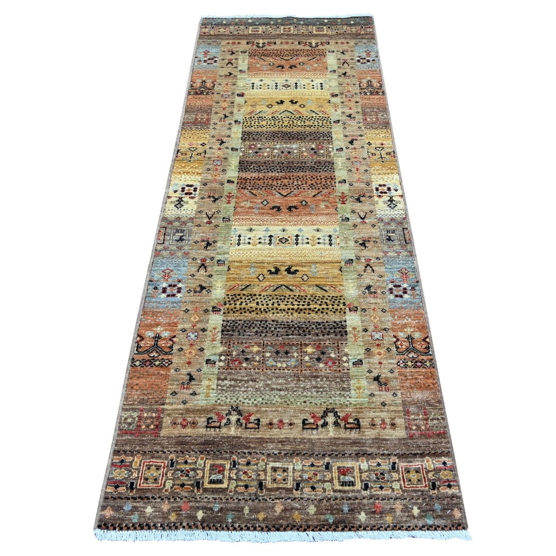 2'8"x7'7" Brown Kashkuli Animal Figurines Hand Knotted Wool Runner Rug: 2'8"x7'7" Brown Kashkuli Animal Figurines Hand Knotted Wool Runner Rug Experience the rich cultural heritage of Afghanistan with this stunning 2000-year-old hand-knotted wool runner rug, expertly