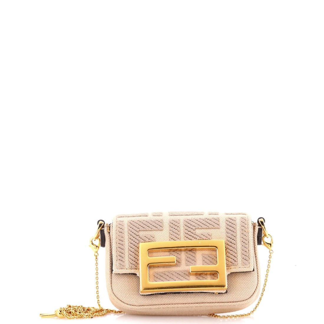 Fendi Chain Baguette Charm Bag Zucca Embroidered Canvas Nano: Fendi Chain Baguette Charm Bag Zucca Embroidered Canvas Nano Elevate your everyday style with the iconic Fendi Chain Baguette Charm Bag Zucca Embroidered Canvas Nano, boasting a neutral canvas