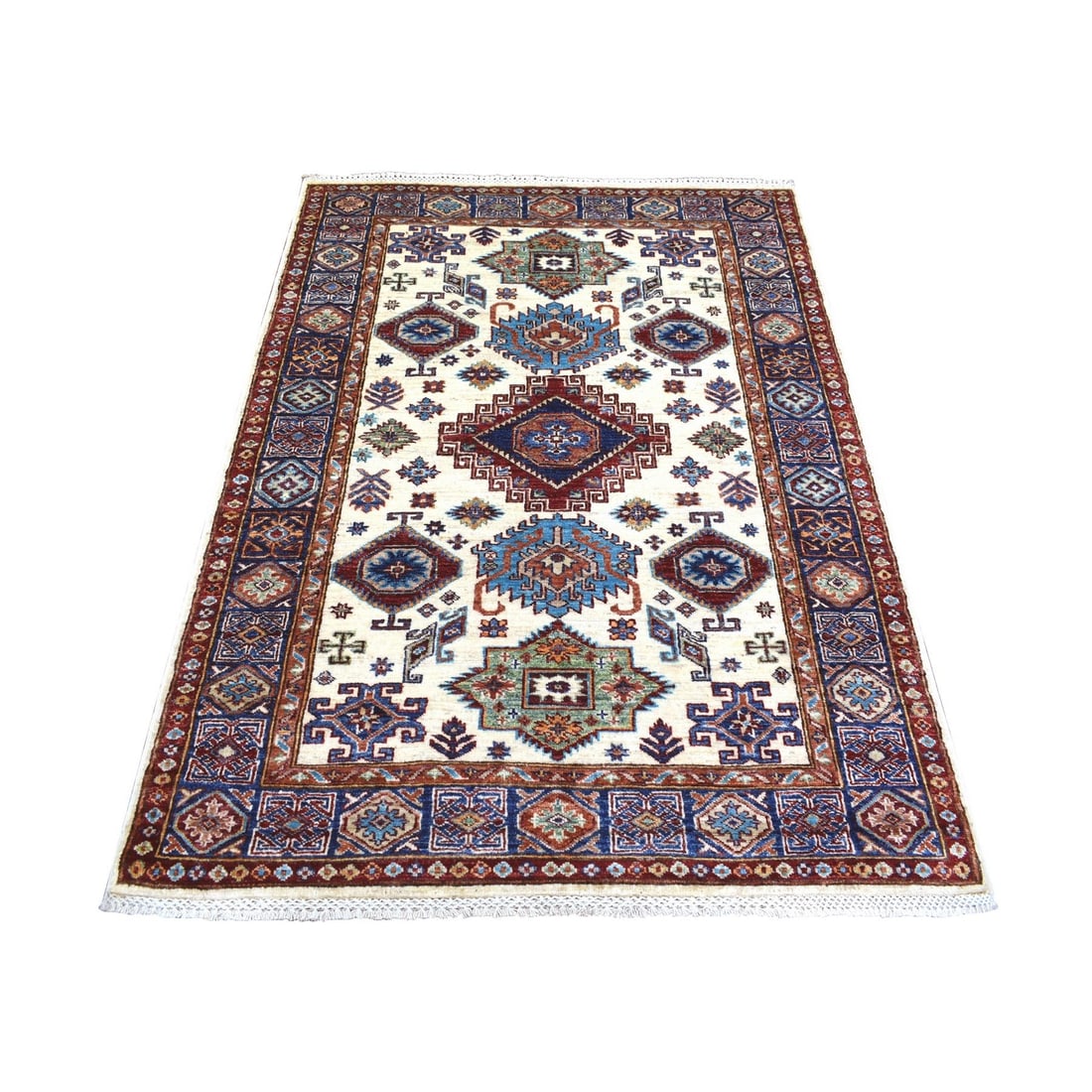 4'1"x5'8" Ivory Pure Wool Hand Knotted Caucasian Super Kazak Rug: 4'1"x5'8" Ivory Pure Wool Hand Knotted Caucasian Super Kazak Rug Experience the timeless beauty of traditional Afghan craftsmanship with this exquisite 4'1"x5'8" Ivory Pure Wool Hand Knotted