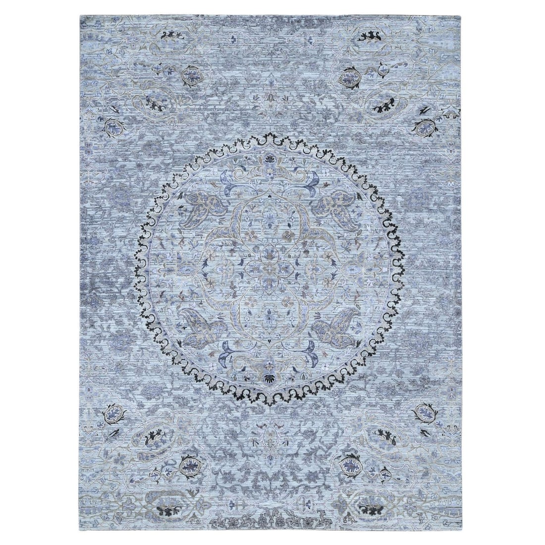 9'x12' Silver Gray THE MAHARAJA Design Silk with Wool Hand Knotted Rug: 9'x12' Silver Gray THE MAHARAJA Design Silk with Wool Hand Knotted Rug Experience the opulence of India's rich heritage with this stunning 9'x12' Silver Gray THE MAHARAJA design silk and wool hand kno