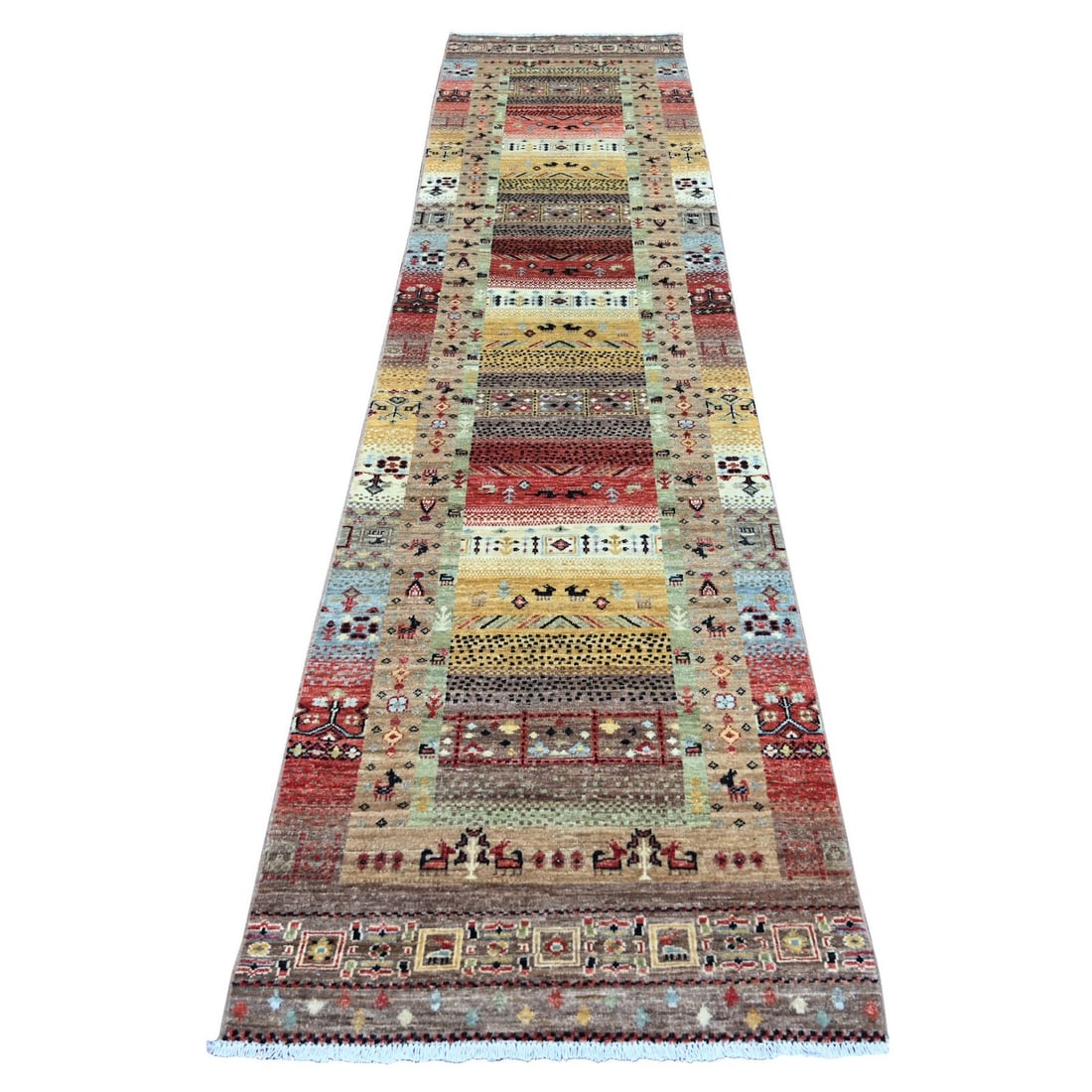 2'8"x11'8" Colorful Kashkuli Animal Figurines Hand Knotted Wool Runner Rug (1 of 6)