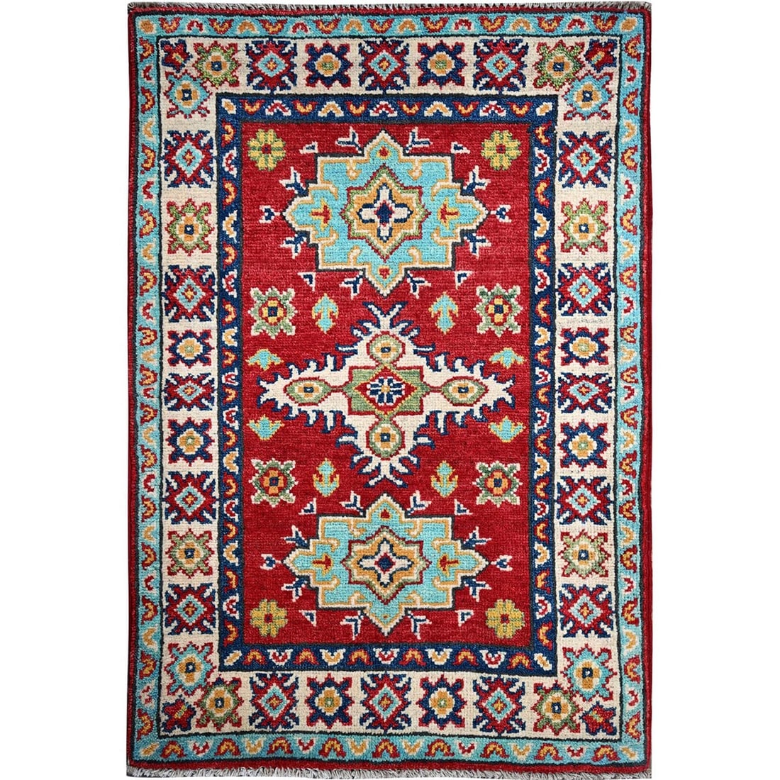 2'1"x3' Red Kazak Geometric Medallions Design Wool Hand Knotted Sample Rug: 2'1"x3' Red Kazak Geometric Medallions Design Wool Hand Knotted Sample Rug Experience the vibrant beauty of traditional Afghan craftsmanship with this stunning 2'1"x3' Red Kazak Geometric Medallions D