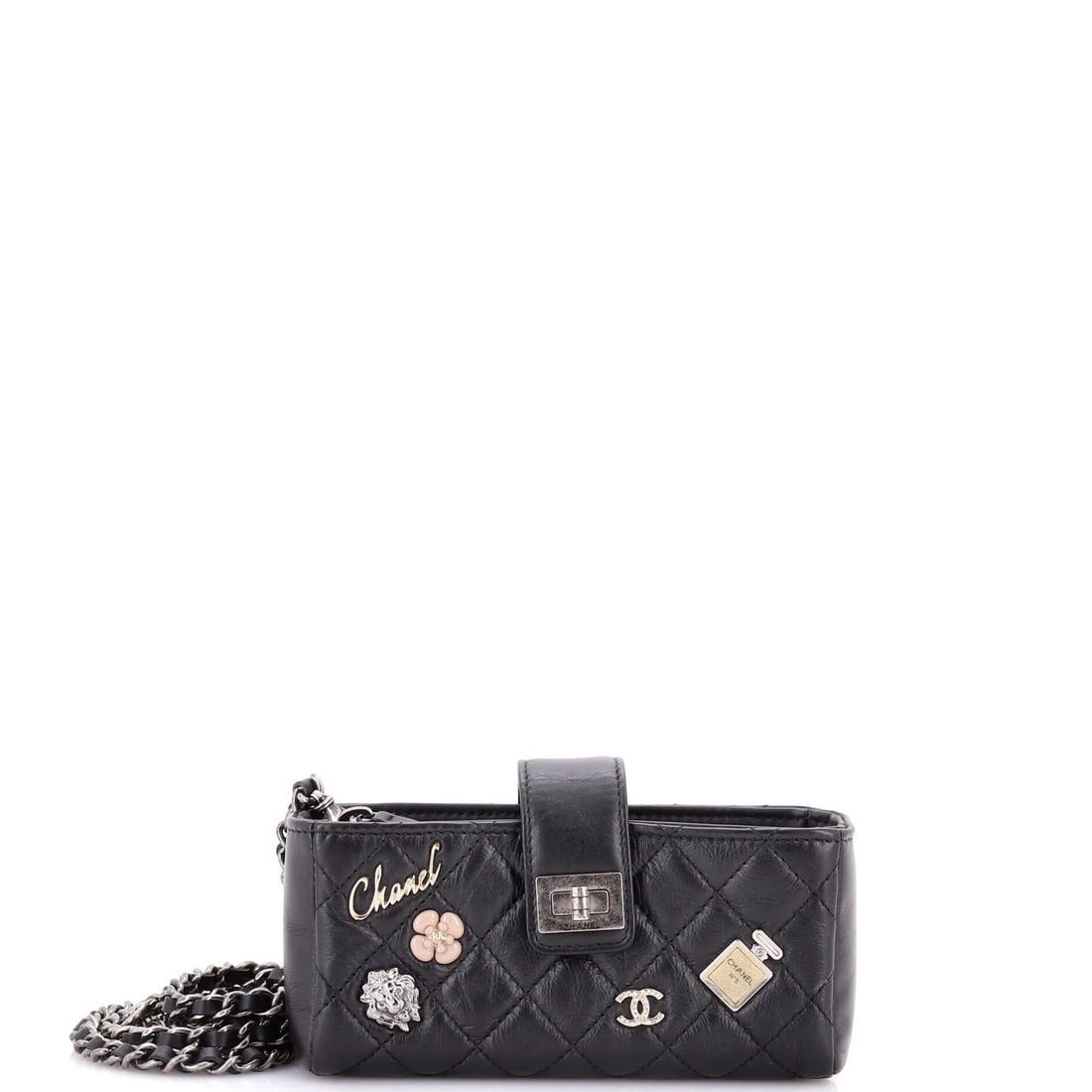 Chanel Lucky Charms Aged Quilted Crossbody Phone Bag Chain: Chanel Lucky Charms Aged Quilted Crossbody Phone Bag Chain Add a touch of luxury to your daily routine with this Chanel Lucky Charms Aged Quilted Crossbody Phone Bag Chain, featuring quilted aged calf