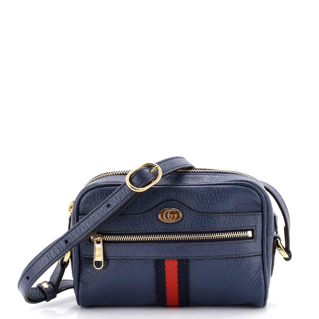 Gucci leather mini shoulder bag: Gucci leather mini shoulder bag Elevate your style with the iconic Gucci Ophidia mini shoulder bag, boasting sleek leather exterior in rich blue hue and gold hardware details. This compact cross-body