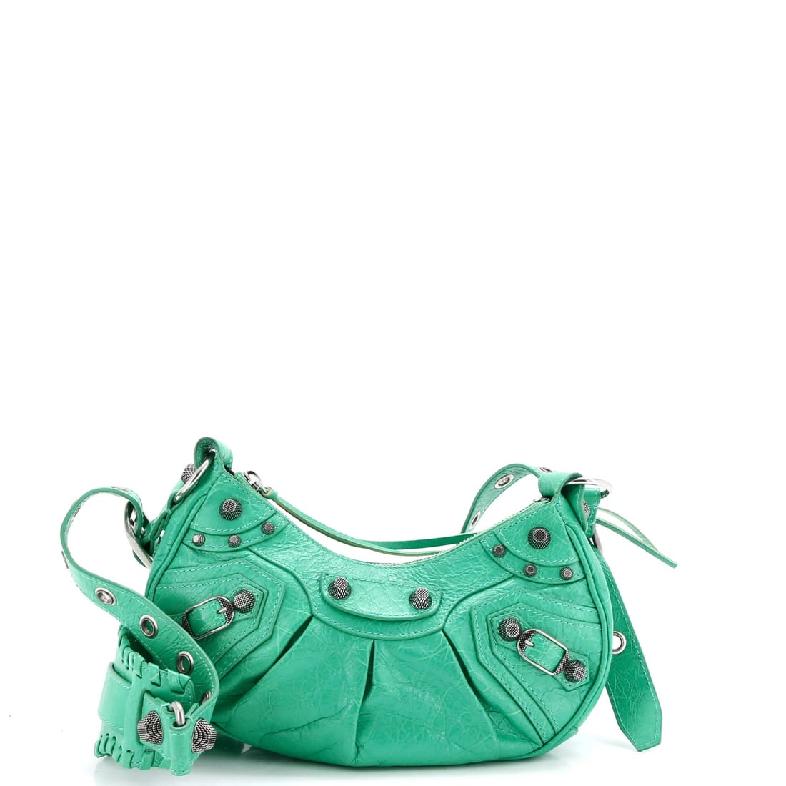 Leather Balenciaga Giant XS Shoulder Bag Studs: Leather Balenciaga Giant XS Shoulder Bag Studs Elevate your style with the iconic Balenciaga Giant XS Leather Shoulder Bag, boasting striking green exterior and mirror-studded detail that adds an