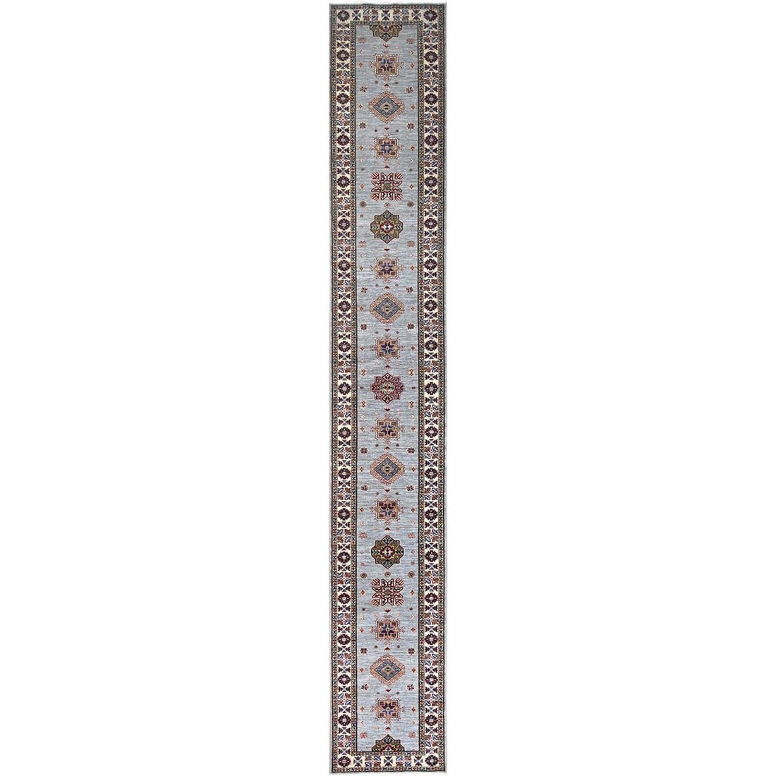 2'9"x18'2" Jubilee Gray Wool Afghan Super Kazak XL Runner Oriental Rug: 2'9"x18'2" Jubilee Gray Wool Afghan Super Kazak XL Runner Oriental Rug Experience the rich history and cultural heritage of India with this stunning 218" x 554" hand-knotted wool Afghan Super Kazak XL
