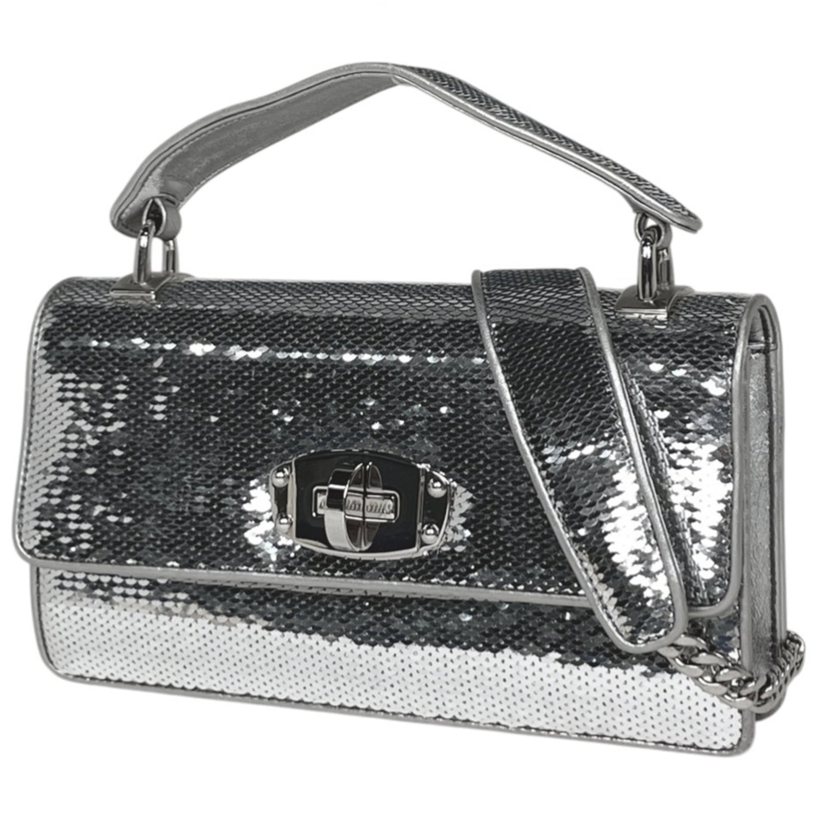 Miu Leather Shoulder Bag with Spangles: Miu Leather Shoulder Bag with Spangles Elevate your style with the Miu Miu Leather Shoulder Bag, adorned with eye-catching silver spangles that add a touch of glamour to any outfit. This chic shoulder