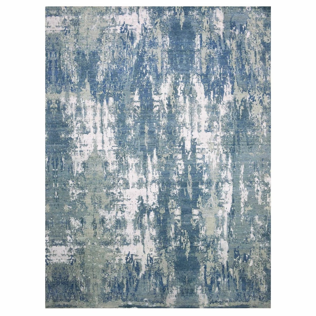 12'2"x15'1" Blue Abstract Design Hand Knotted Silk and Wool Oversized Rug: 12'2"x15'1" Blue Abstract Design Hand Knotted Silk and Wool Oversized Rug Experience the beauty of hand-knotted craftsmanship with this stunning 12'2"x15'1" blue abstract design rug, expertly woven fr