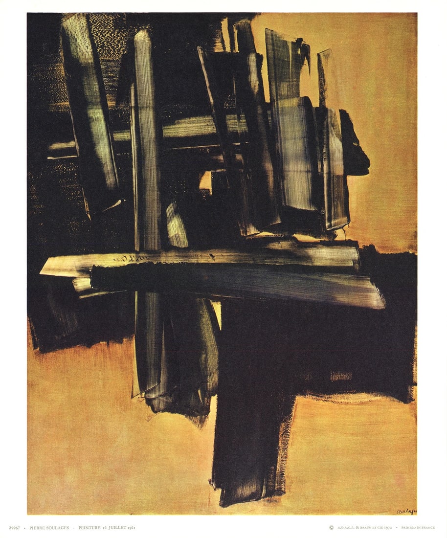 PIERRE SOULAGES Peinture 16 Juillet (1961) 11.5" x 9.5" Poster 1972 Expressionis: PIERRE SOULAGES Peinture 16 Juillet (1961) 11.5" x 9.5" Poster 1972 Expressionis Experience the bold, abstract expression of Pierre Soulages' 1972 masterpiece, Peinture 16 Juillet (1961), a striking o