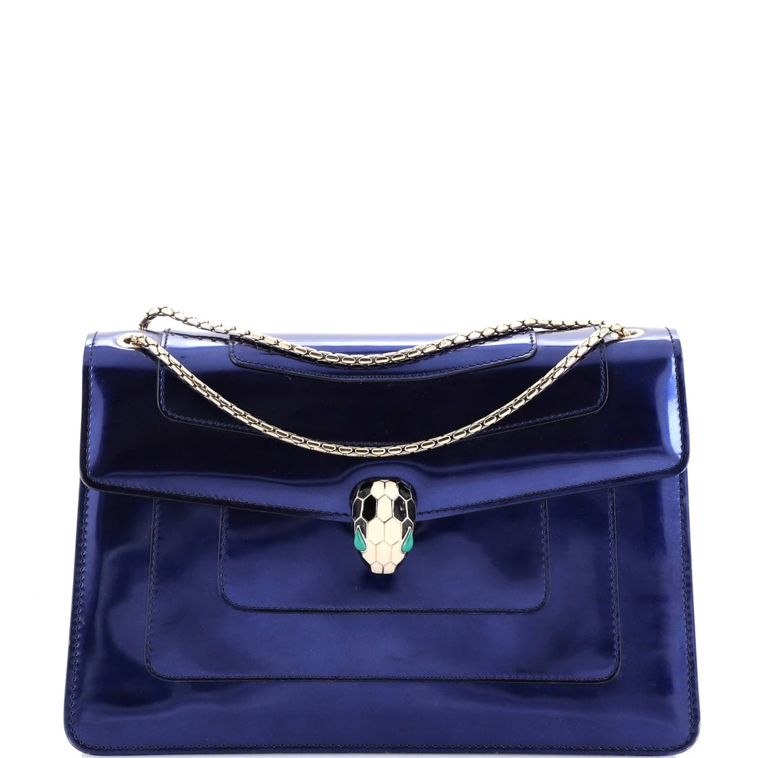 Bvlgari Forever Serpenti Patent Medium Bag: Bvlgari Forever Serpenti Patent Medium Bag The Bvlgari Forever Serpenti Patent Medium Bag is a stunning example of luxury design, boasting a sleek patent leather exterior in a rich blue hue that