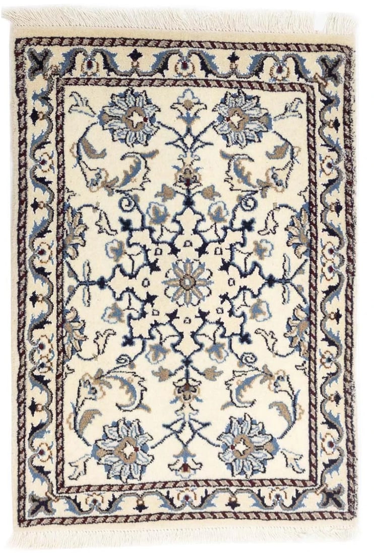 2x3 Hand-Knotted Indo-Nain Wool Rug Classic Floral Design Oriental Carpet: 2x3 Hand-Knotted Indo-Nain Wool Rug Classic Floral Design Oriental Carpet Experience the timeless elegance of our hand-knotted Indo-Nain wool rug, expertly woven with a classic floral design that