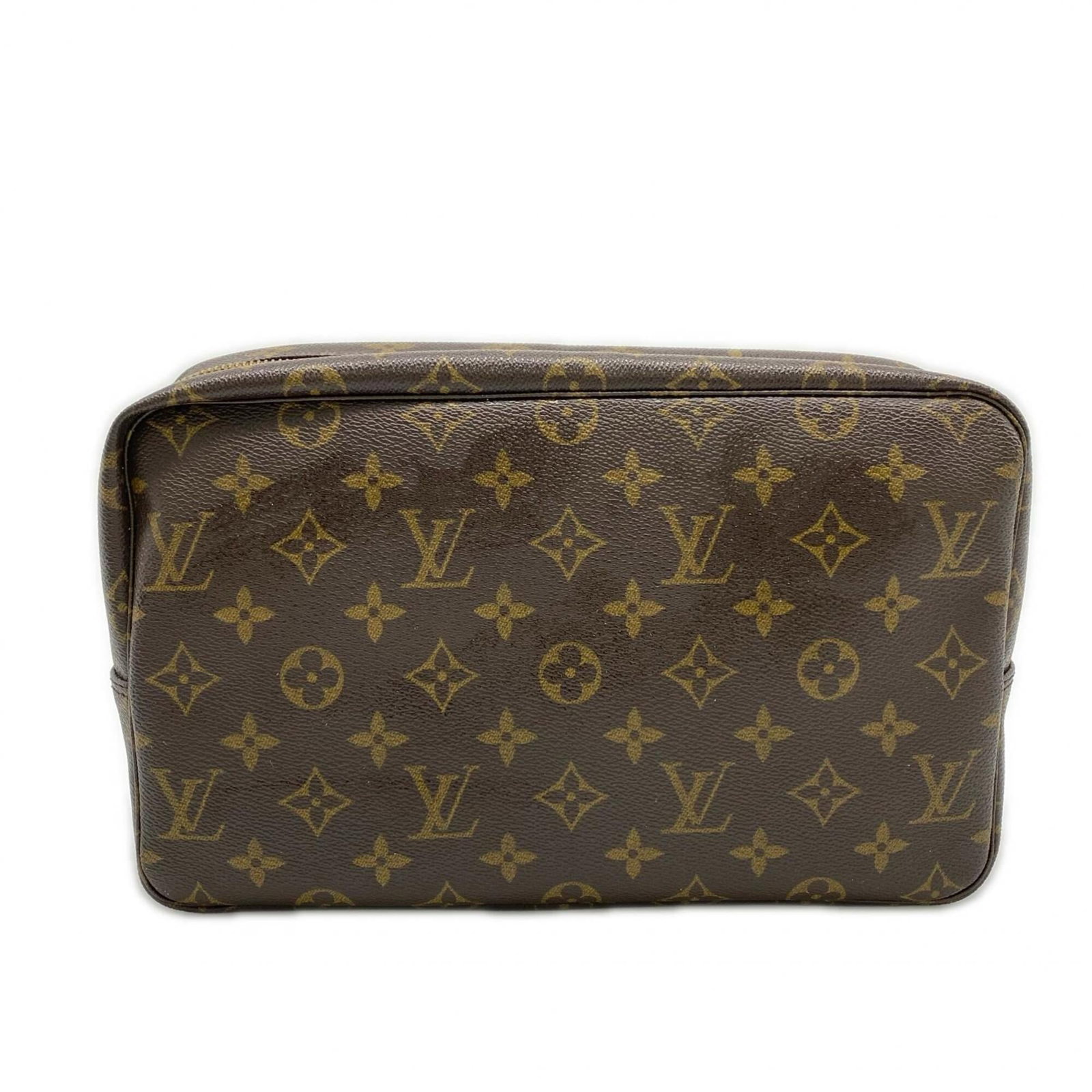 Leather Louis Vuitton Coated Canvas Clutch Bag: Leather Louis Vuitton Coated Canvas Clutch Bag A luxurious brown leather Louis Vuitton clutch bag, crafted from coated canvas and adorned with classic LV monogram patterns, boasts an open outer pocket