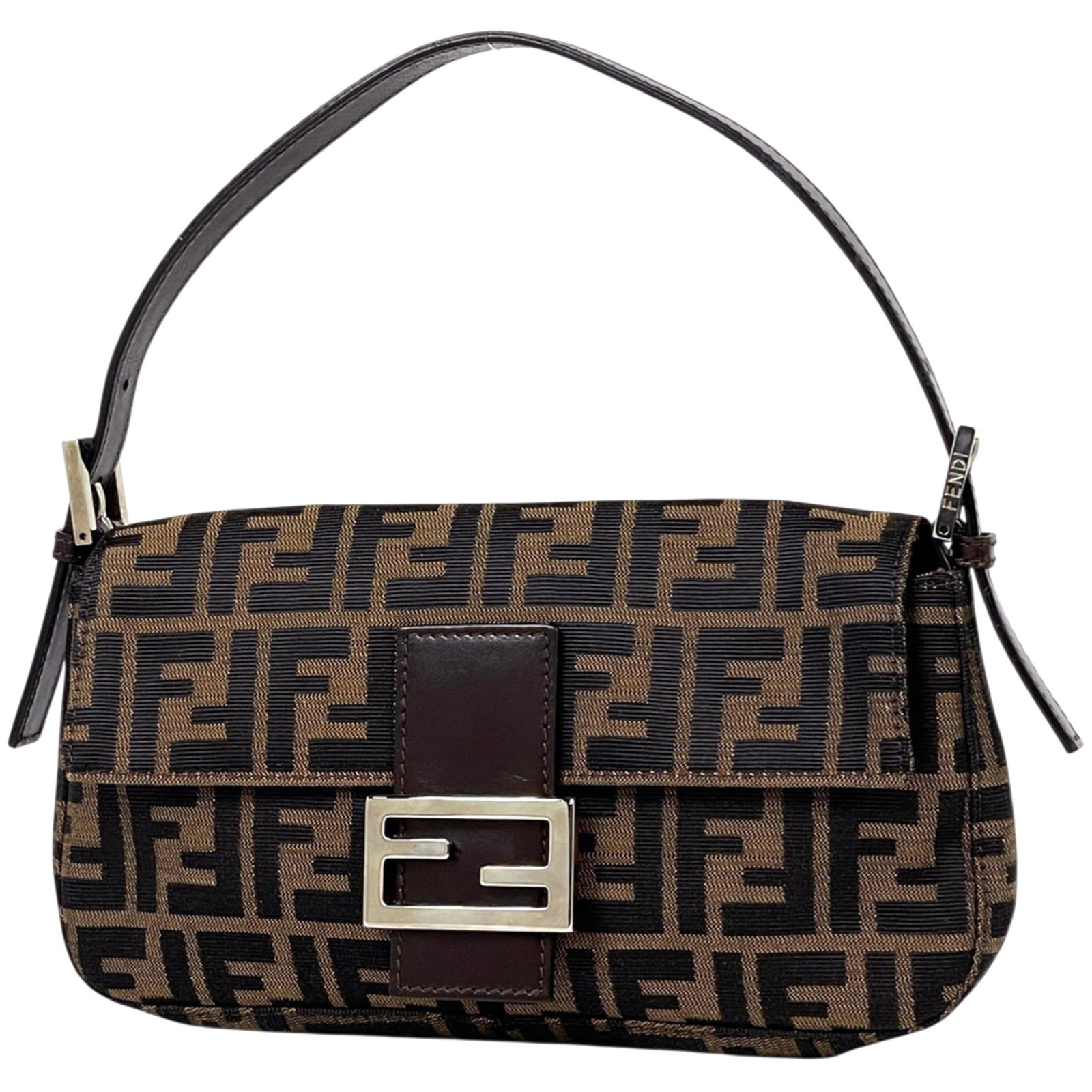 Fendi shoulder canvas leather bag: Fendi shoulder canvas leather bag A pre-owned Fendi shoulder bag in rich brown leather, boasting the iconic canvas accents that define the brand's signature style. With its classic design and timeless