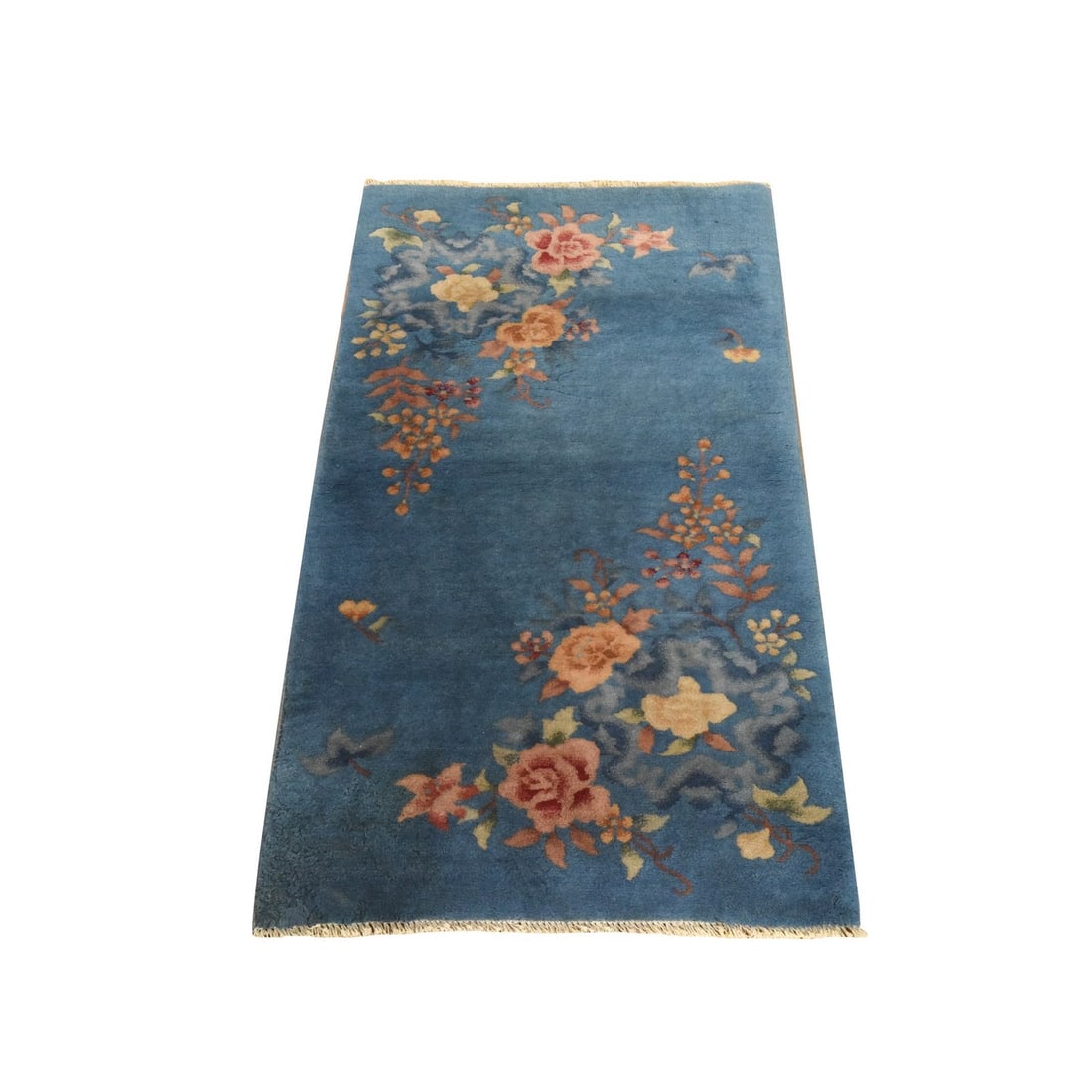 2'x3'10" Blue Antique Chinese Art Deco Wool Hand Knotted Mat: 2'x3'10" Blue Antique Chinese Art Deco Wool Hand Knotted Mat Experience the elegance of Art Deco design with this stunning 2'x3'10" blue wool hand-knotted mat, crafted in the 1930s with intricate