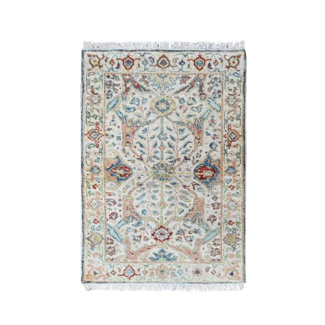 2'x3' Ivory Ziegler Mahal with All Over Design Wool Hand Knotted Mat: 2'x3' Ivory Ziegler Mahal with All Over Design Wool Hand Knotted Mat Experience the timeless beauty of India's rich cultural heritage in this stunning 2'x3' Ivory Oushak-style rug, hand-knotted with