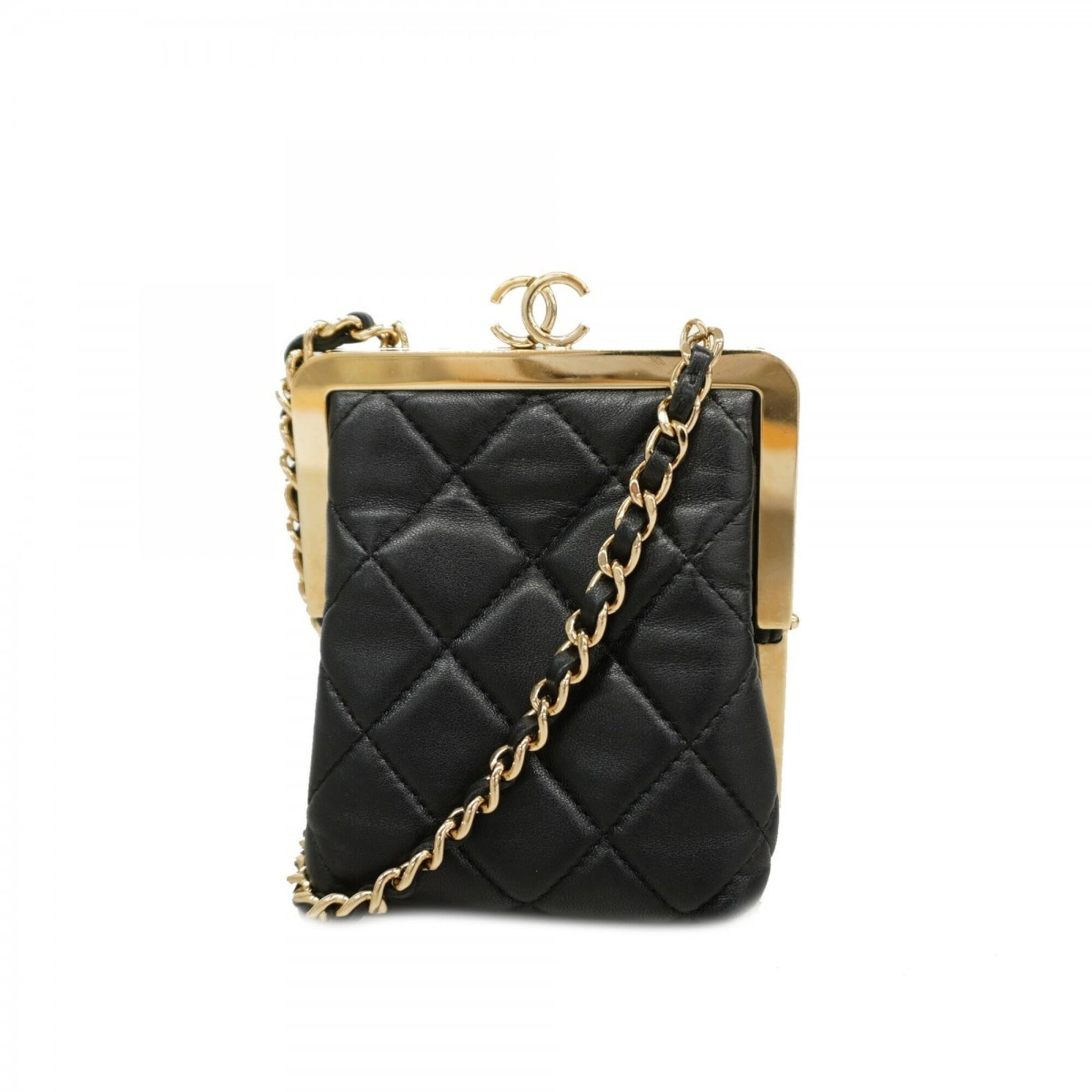 Chanel Leather Shoulder Bag: Chanel Leather Shoulder Bag A timeless Chanel lambskin shoulder bag in sleek black, adorned with elegant champagne gold hardware, adds a touch of sophisticated elegance to any outfit. With its