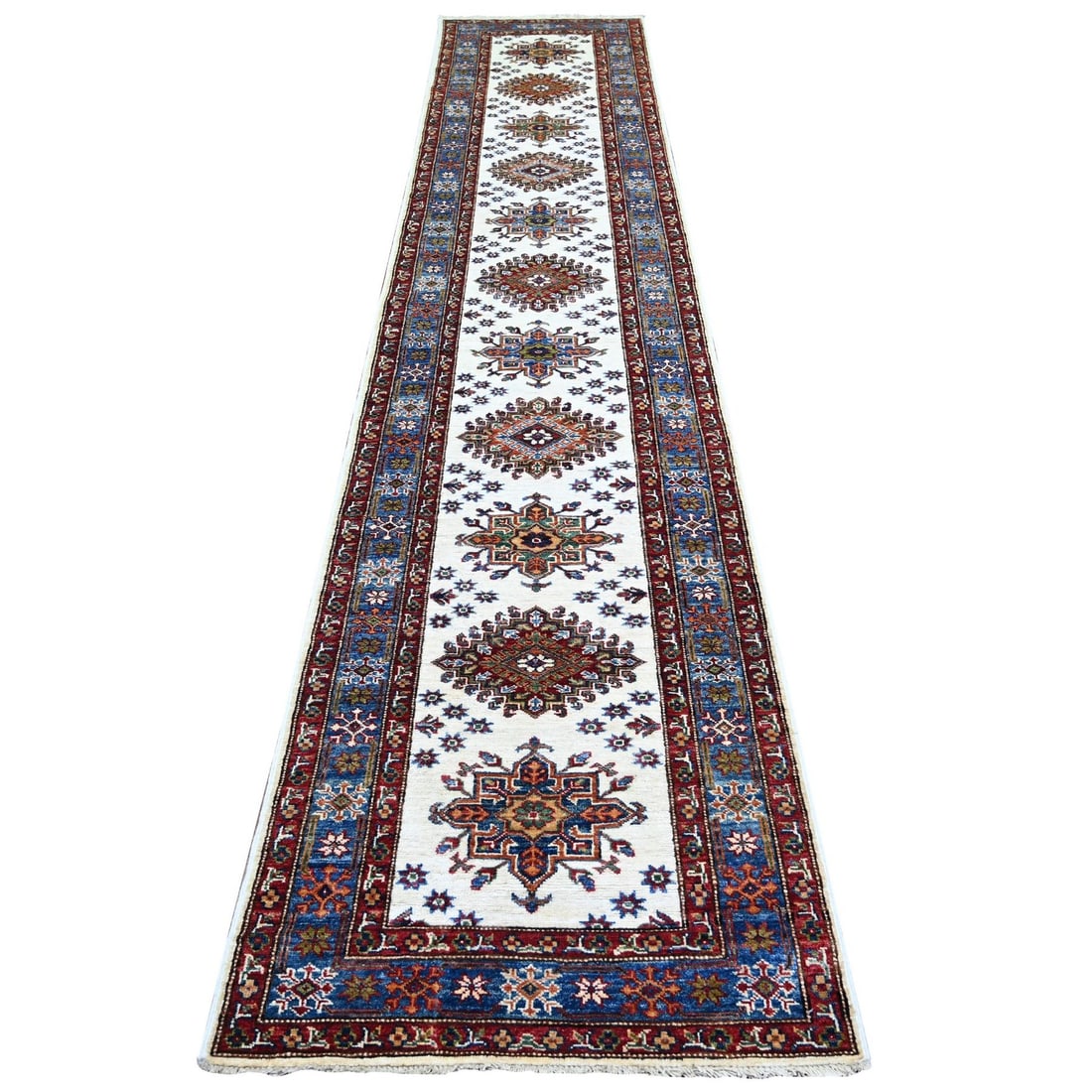2'7"x12'10" Ivory Hand Knotted Afghan Super Kazak Vibrant Wool Runner Rug: 2'7"x12'10" Ivory Hand Knotted Afghan Super Kazak Vibrant Wool Runner Rug Experience the rich beauty of traditional Afghan craftsmanship in this stunning ivory hand-knotted Super Kazak rug, crafted fr