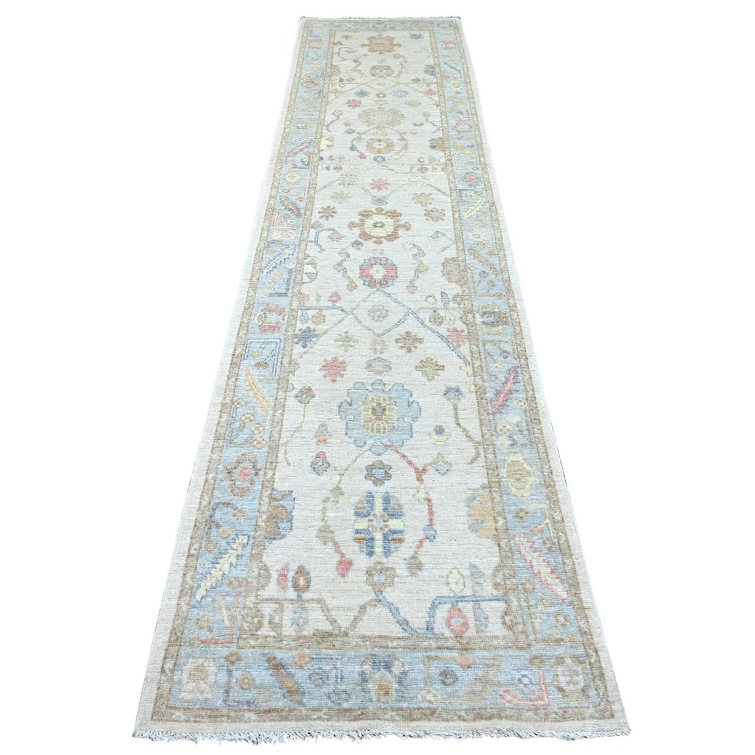 3'x12'8" Ivory Angora Oushak Leaf Design Wool Hand Knotted Runner Rug: 3'x12'8" Ivory Angora Oushak Leaf Design Wool Hand Knotted Runner Rug Experience the timeless elegance of an antique Afghan Oushak rug, hand-knotted with premium wool and intricately woven in a stunni