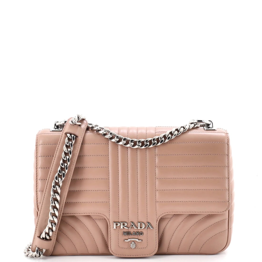 Prada large quilted leather chain flap shoulder bag diagramme.: Prada large quilted leather chain flap shoulder bag diagramme. A timeless Prada classic, this large quilted leather chain flap shoulder bag boasts neutral tones and premium materials, making it the pe