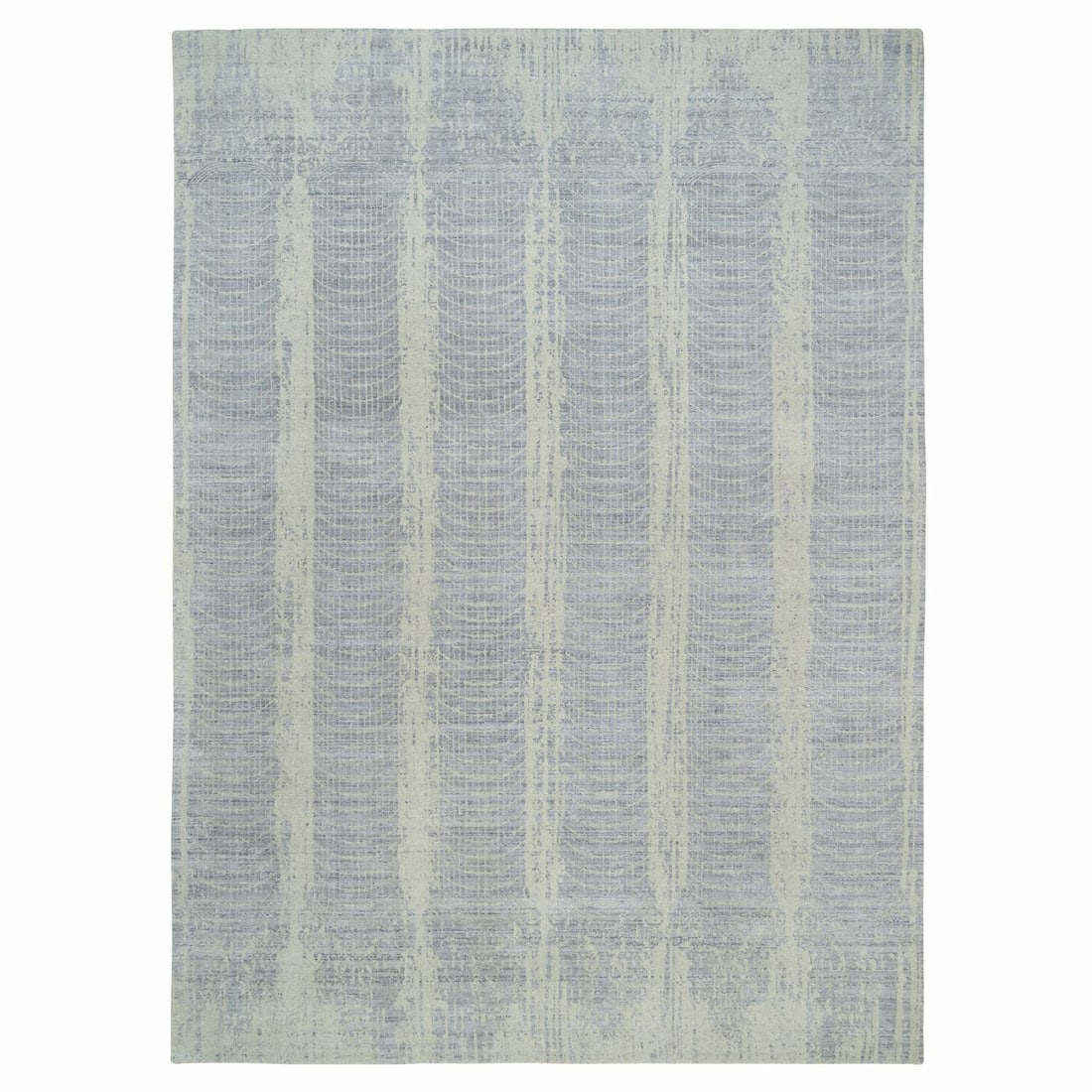 9'10"x14' Gray Jacquard Hand Loomed Wool And Plant Based Silk Rug: 9'10"x14' Gray Jacquard Hand Loomed Wool And Plant Based Silk Rug Experience the rich beauty of India's traditional craftsmanship in this stunning 9'10"x14' gray hand loomed wool and silk rug, expertl