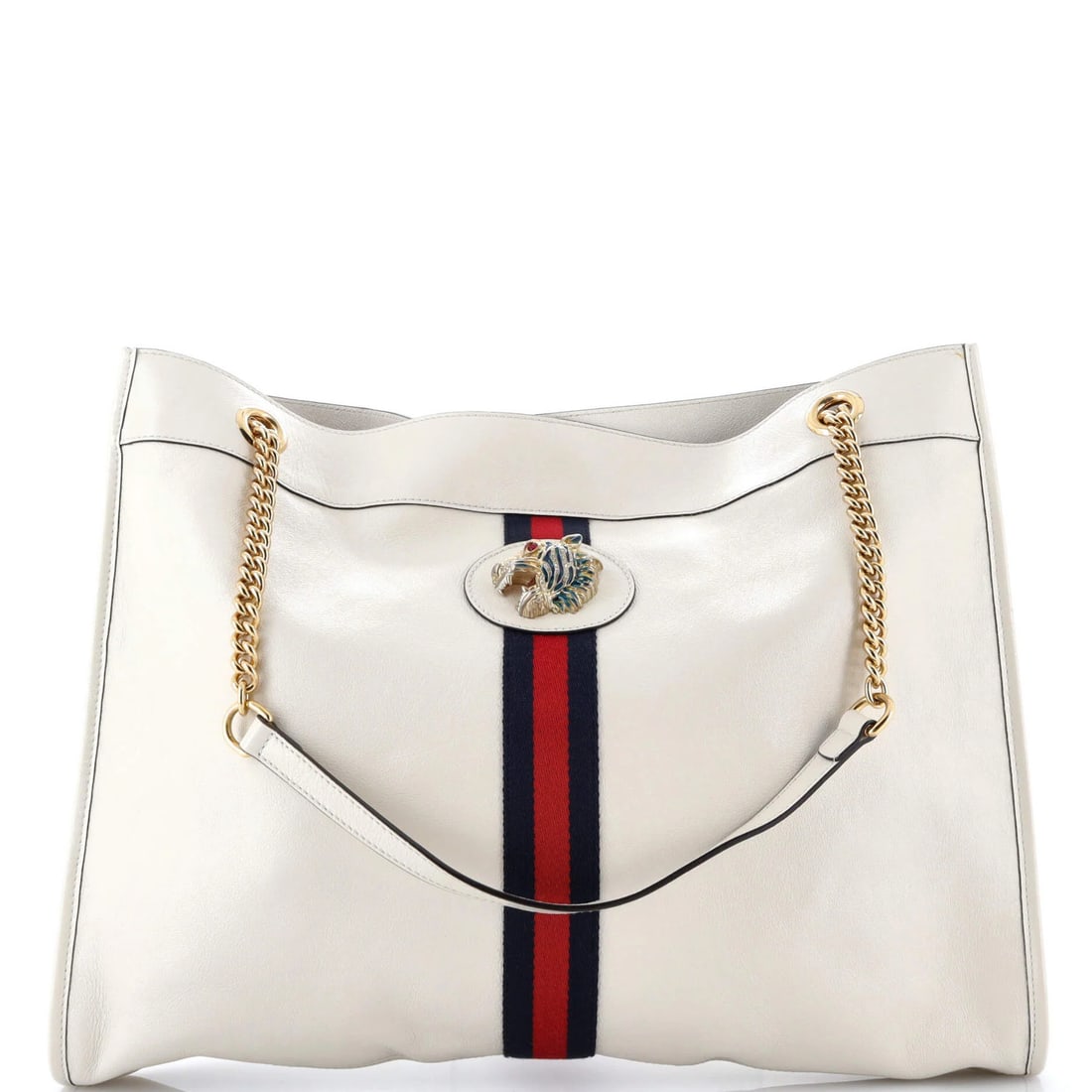 Gucci is a large leather Rajah tote chain.: Gucci is a large leather Rajah tote chain. For the fashion-conscious collector, this iconic Gucci Rajah chain tote offers a timeless blend of luxury and versatility. With its neutral exterior and