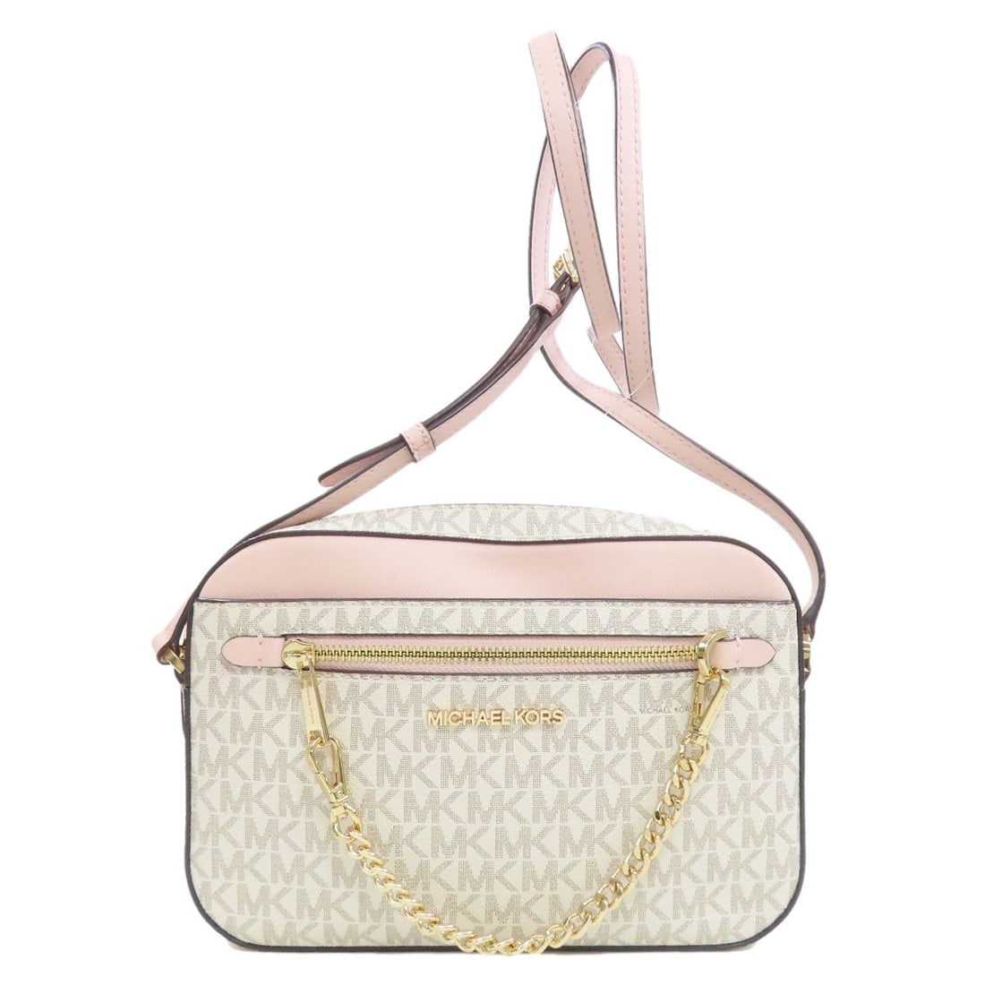 Michael Kors Signature PVC Shoulder Bag: Michael Kors Signature PVC Shoulder Bag Elevate your style with the Michael Kors Signature PVC Shoulder Bag, boasting a chic white and pink hue that adds a pop of personality to any outfit. Made from