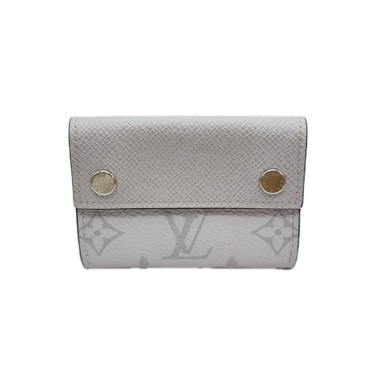 Louis Vuitton Wallet (Tri-Fold) Leather: Louis Vuitton Wallet (Tri-Fold) Leather A pre-owned Louis Vuitton tri-fold wallet in sleek gray and white leather, boasting the iconic LV monogram pattern. With its classic design and durable