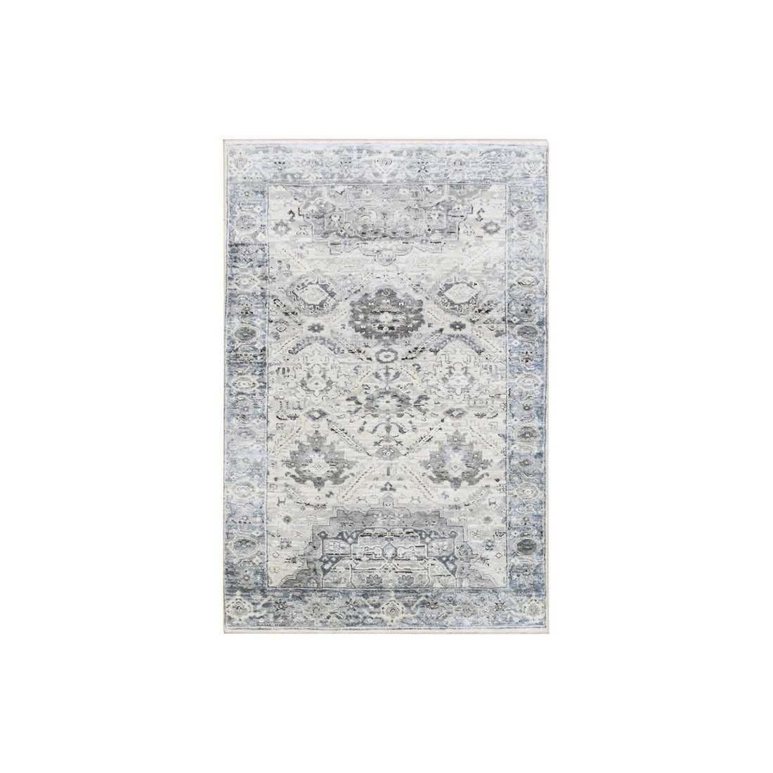 3'x5'2" Gray Pure Silk And Textured Wool Hand Knotted Oushak Rug: 3'x5'2" Gray Pure Silk And Textured Wool Hand Knotted Oushak Rug Experience the timeless elegance of an Indian Oushak rug, expertly hand-knotted with a rich blend of wool and silk in a stunning grey h