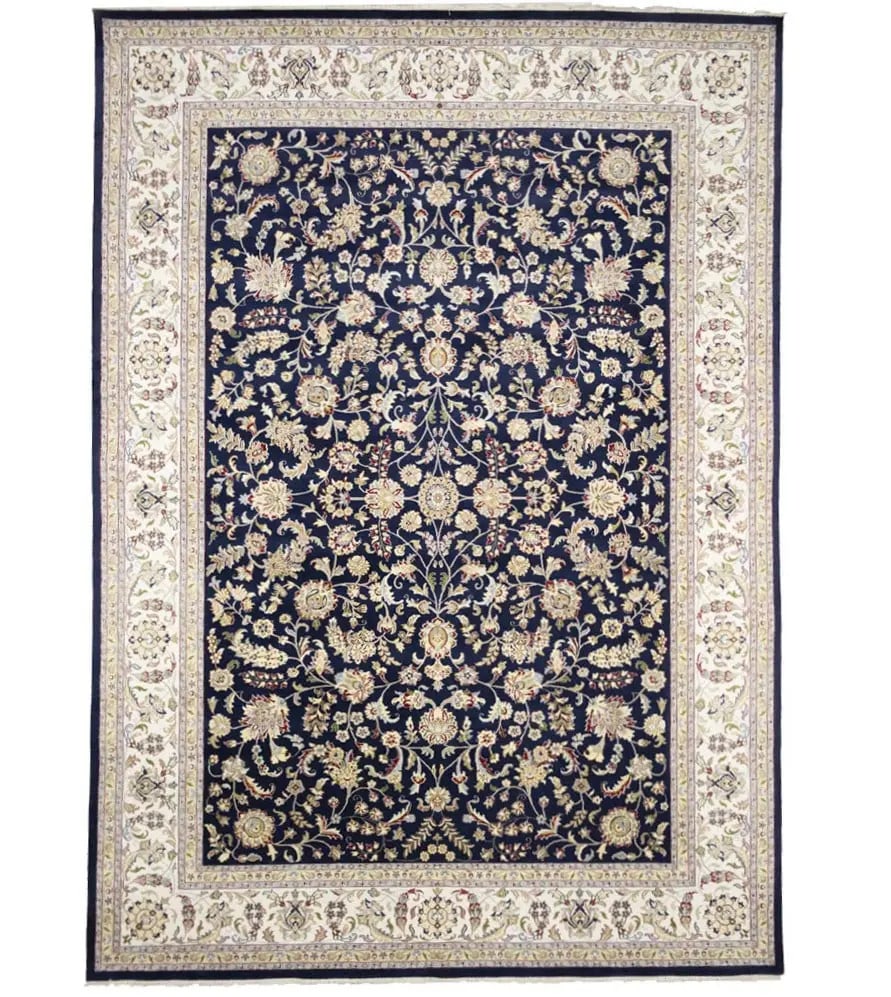 10X14 ft Handmade Indo-Nain Wool Oriental Rug Blue Floral Living Room Carpet: 10X14 ft Handmade Indo-Nain Wool Oriental Rug Blue Floral Living Room Carpet Experience the warmth and beauty of this stunning 10x14 ft handmade Indo-Nain wool oriental rug, expertly woven with silk t