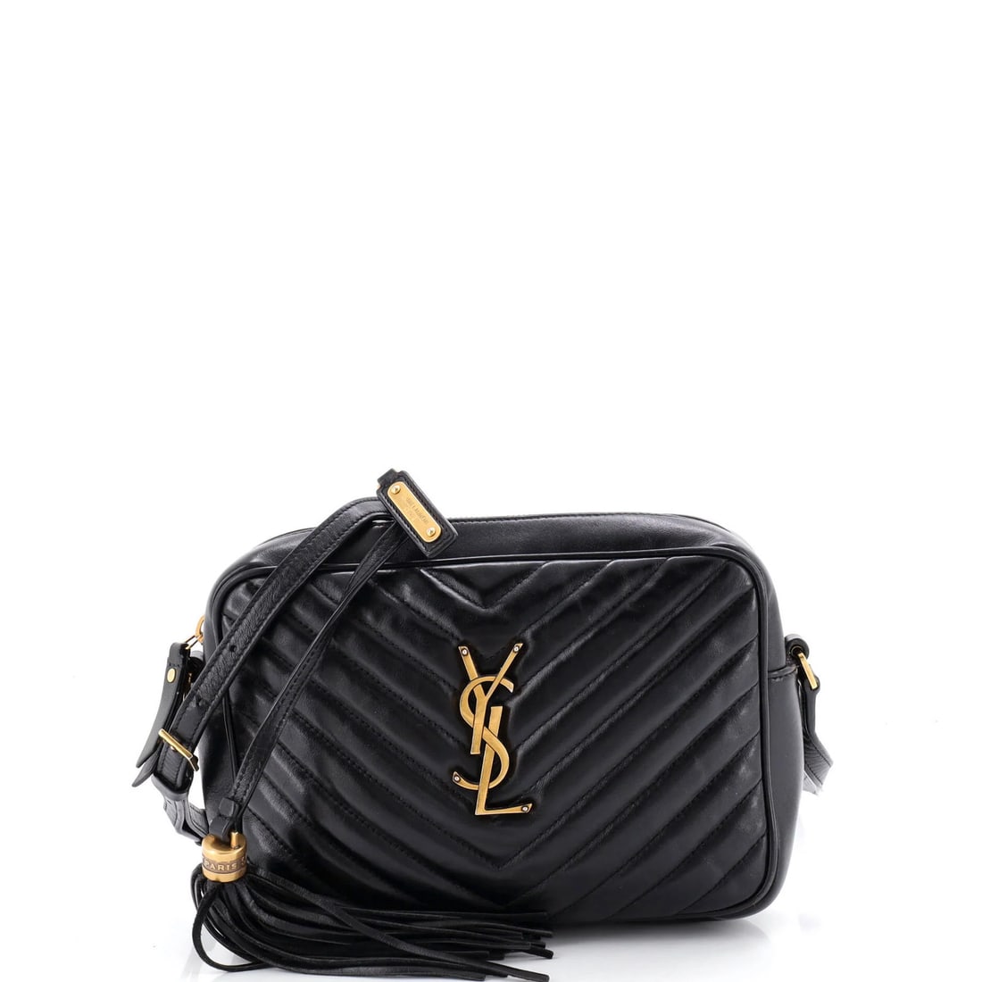 Small Saint Laurent Matelasse Leather Chevron Camera Bag: Small Saint Laurent Matelasse Leather Chevron Camera Bag A stylish and practical Saint Laurent Matelasse Leather Chevron Camera Bag, perfect for everyday carry. With its sleek black exterior and aged
