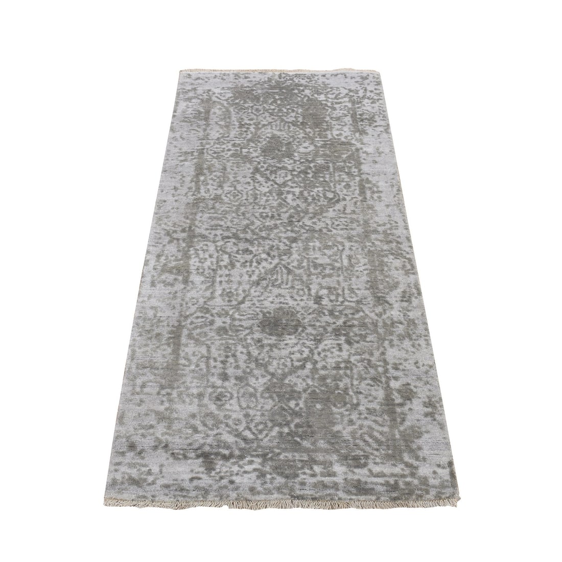 2'7"x6' Gray Hand Knotted Broken Wool and Silk Zoroastrian Design Rug: 2'7"x6' Gray Hand Knotted Broken Wool and Silk Zoroastrian Design Rug Experience the rich cultural heritage of Turkey with this stunning 2'7"x6' gray hand-knotted wool and silk Zoroastrian design rug,