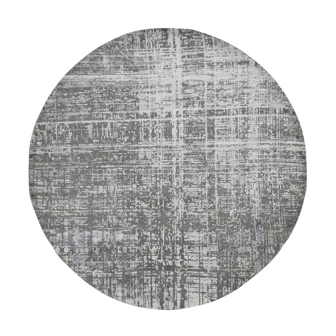 8'2"x8'2" Gray Wool and Silk Abstract Design Hand Knotted Round Rug: 8'2"x8'2" Gray Wool and Silk Abstract Design Hand Knotted Round Rug Experience the warmth and sophistication of hand-knotted luxury with this stunning 8'2"x8'2" gray wool and silk abstract design