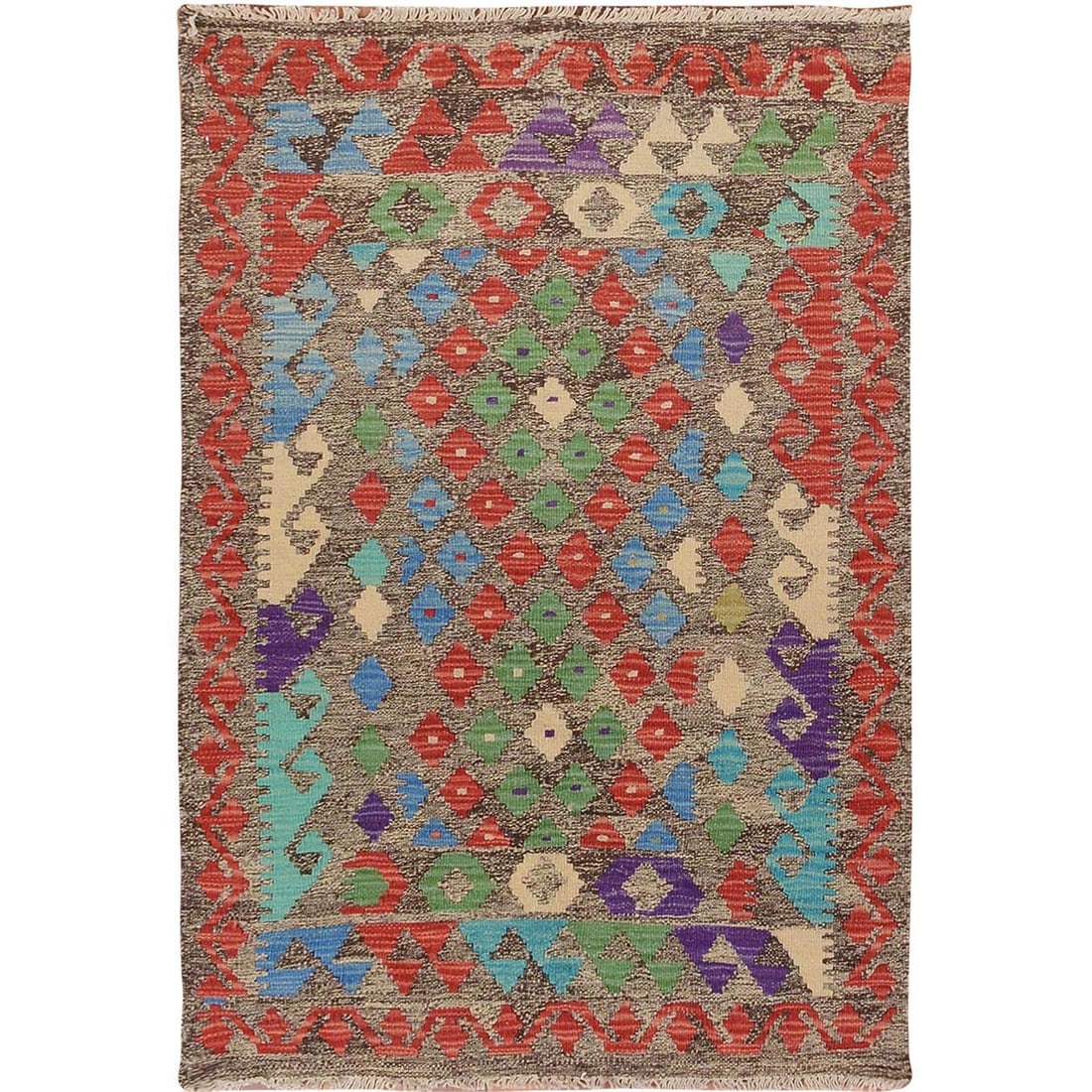 2'9"x4' Colorful Reversible Afghan Kilim Flat Weave Wool Hand Woven Rug: 2'9"x4' Colorful Reversible Afghan Kilim Flat Weave Wool Hand Woven Rug Experience the rich cultural heritage of Afghanistan with this stunning, hand-woven kilim rug from the country's renowned textil
