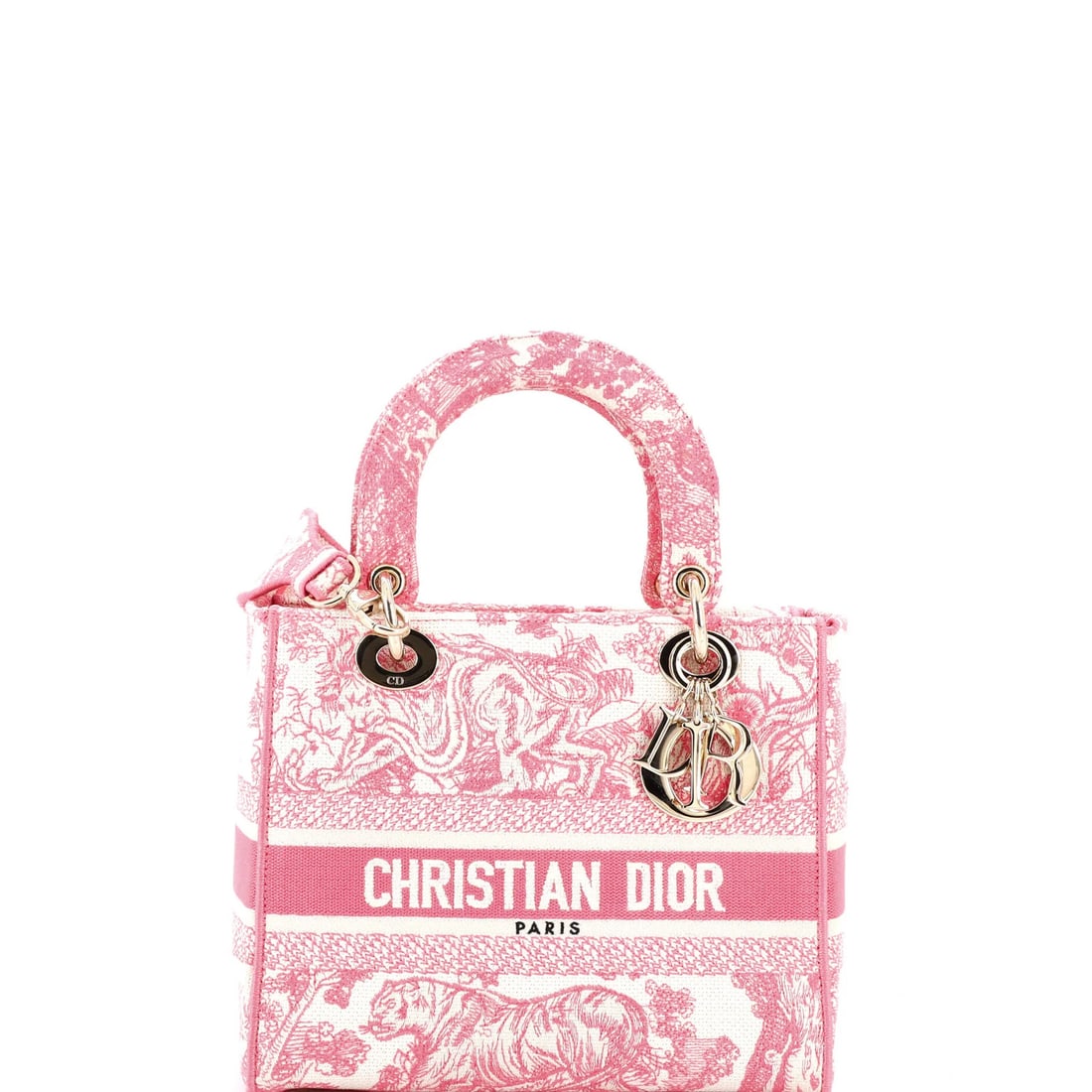 Christian Dior Toile de Jouy Lady D-Lite Bag Embroidered Canvas: Christian Dior Toile de Jouy Lady D-Lite Bag Embroidered Canvas A stunning Christian Dior Toile de Jouy Lady D-Lite bag, crafted from high-quality embroidered canvas in a vibrant pink hue, boasts a