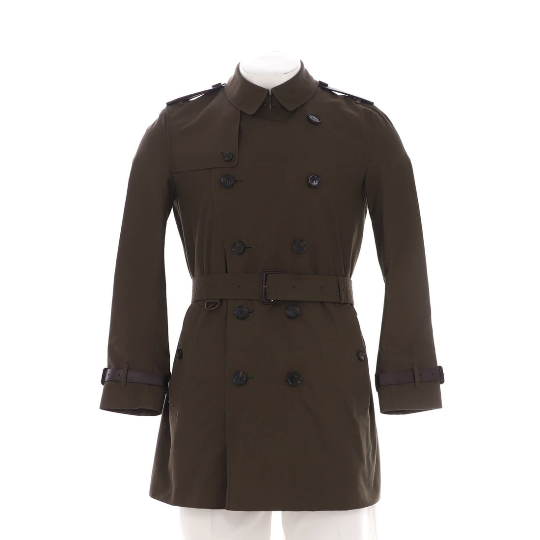 Burberry Men's Cotton Double Breasted Trench Coat with Leather: Burberry Men's Cotton Double Breasted Trench Coat with Leather A classic Burberry double breasted trench coat, this timeless piece boasts a rich brown and green color combination that exudes