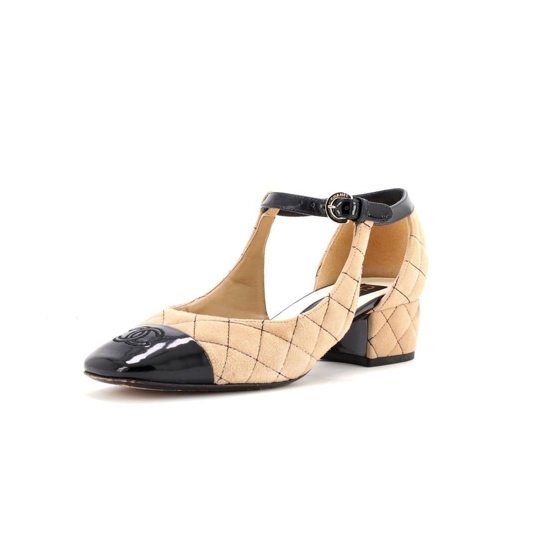 Chanel Women's CC Cap Toe Ankle Strap Flats Quilted Suede with Patent: Chanel Women's CC Cap Toe Ankle Strap Flats Quilted Suede with Patent Elevate your shoe game with the iconic Chanel Women's CC Cap Toe Ankle Strap Flats, boasting a sleek quilted suede upper and