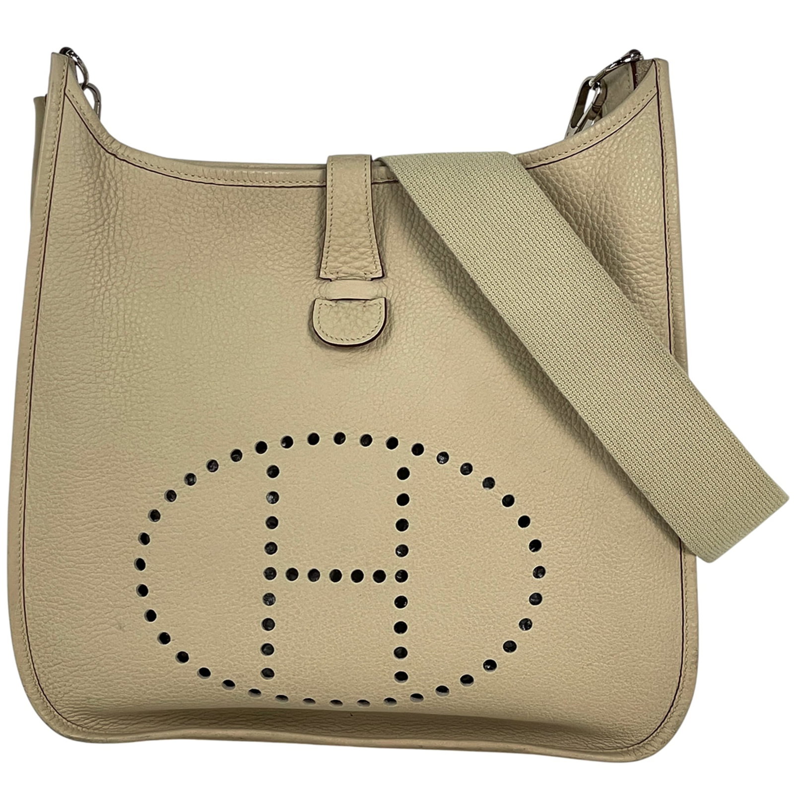 Hermes Shoulder Bag Taurillon Clemence Leather: Hermes Shoulder Bag Taurillon Clemence Leather The iconic Hermes Taurillon Clemence Leather shoulder bag is a timeless classic, boasting rich Parchemin leather and an open outer pocket for effortless