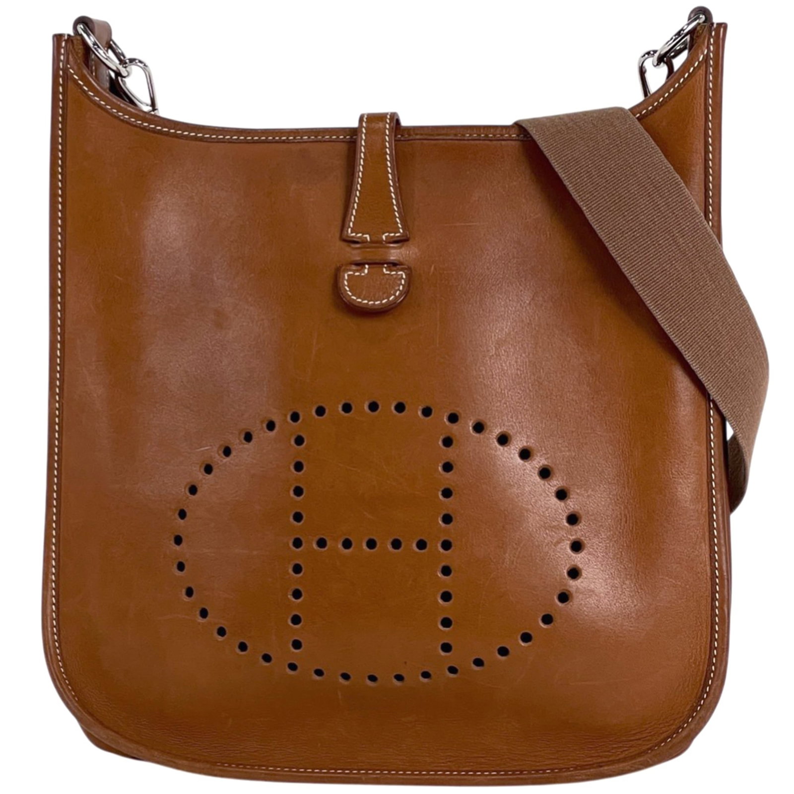 Hermes Leather Evercalf Shoulder Bag: Hermes Leather Evercalf Shoulder Bag Experience the timeless elegance of an authentic Hermes Leather Evercalf Shoulder Bag, crafted from rich brown Evercalf leather that develops a beautiful patina