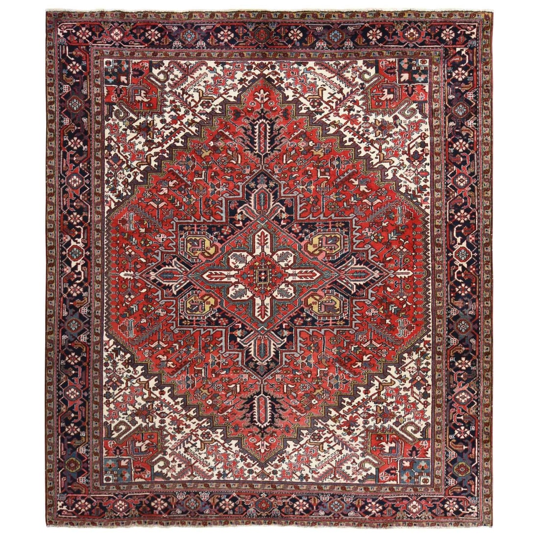 11'x13' Rose Red Zoroastrian Heris Clean Wool Hand Knotted Squarish Rug: 11'x13' Rose Red Zoroastrian Heris Clean Wool Hand Knotted Squarish Rug Experience the rich heritage of Turkish craftsmanship with this stunning 11'x13' Rose Red Zoroastrian Heris Clean Wool Hand Knot