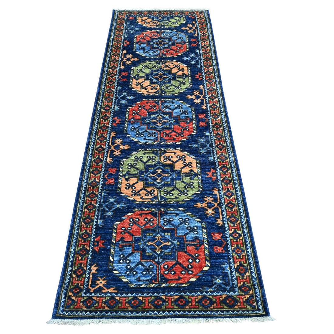 2'8"x8'2" Blue Afghan Ersari Elephant Feet Design Hand Knotted Wool Runner (1 of 6)