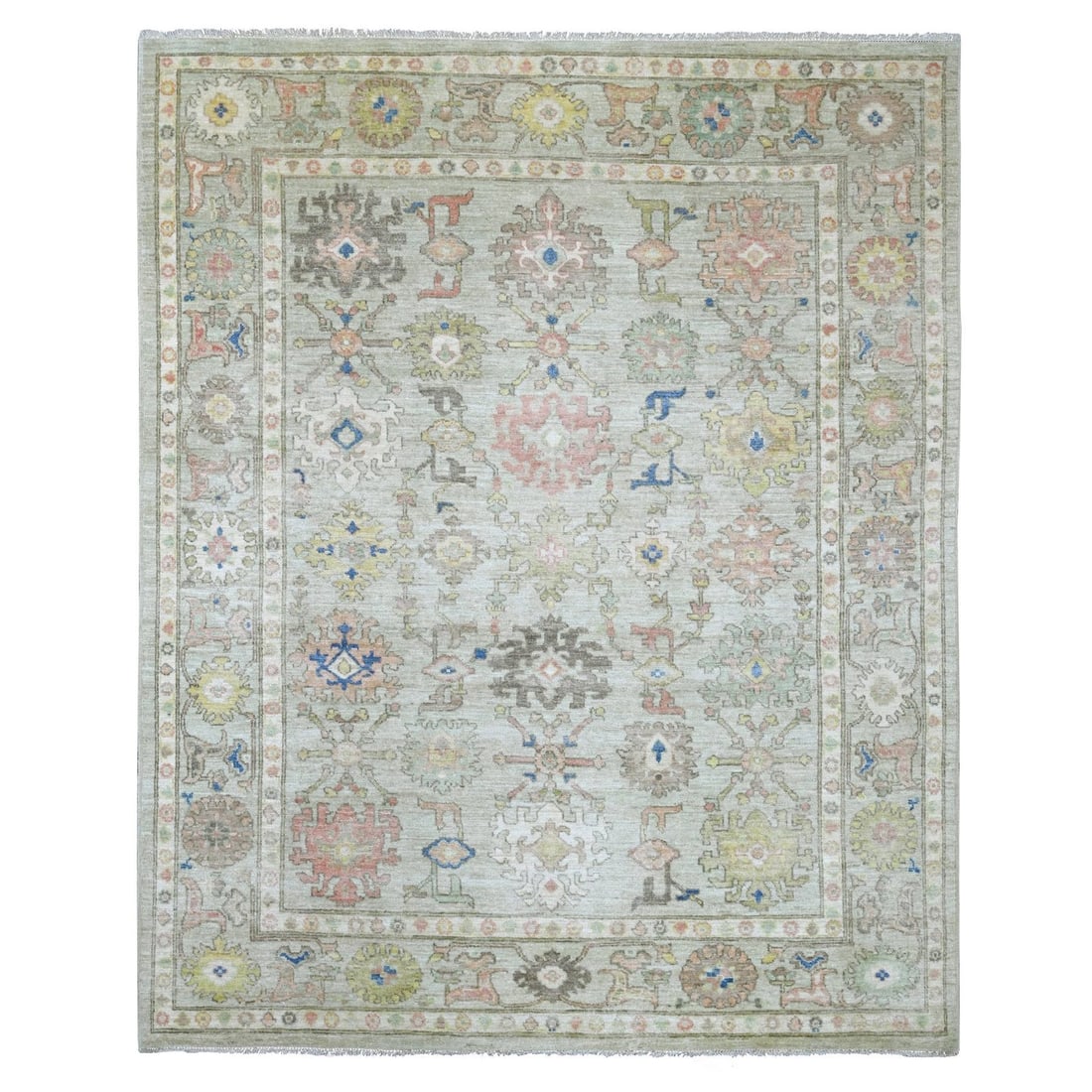 8'x10' Light Green Afghan Angora Oushak Leaf Design Hand Knotted Wool Rug: 8'x10' Light Green Afghan Angora Oushak Leaf Design Hand Knotted Wool Rug Experience the timeless beauty of traditional Afghan craftsmanship with this stunning 8'x10' Light Green Oushak Leaf Design
