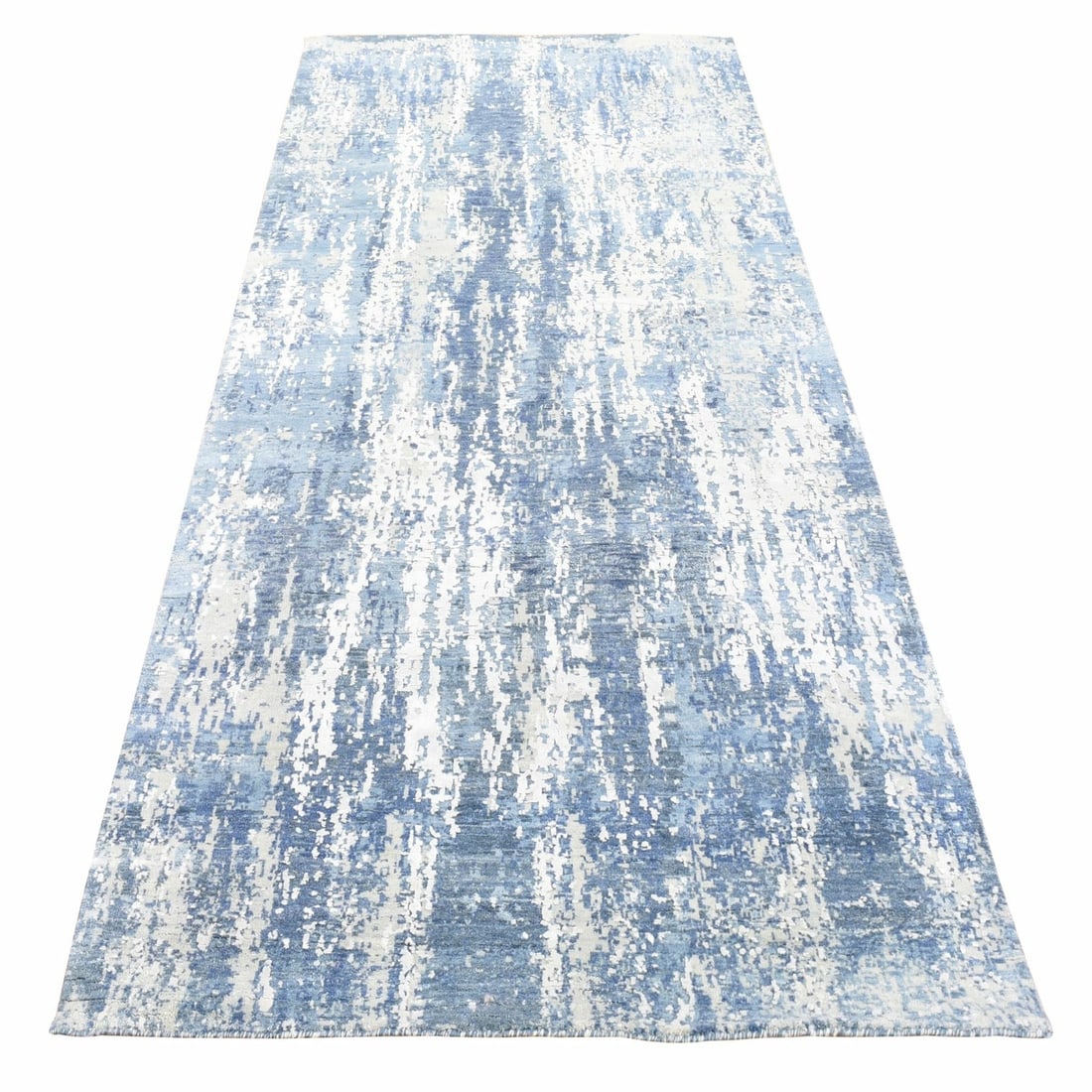 4'1"x10'2" Wool and Silk Hand Knotted Blue Abstract Design Runner Rug (1 of 6)